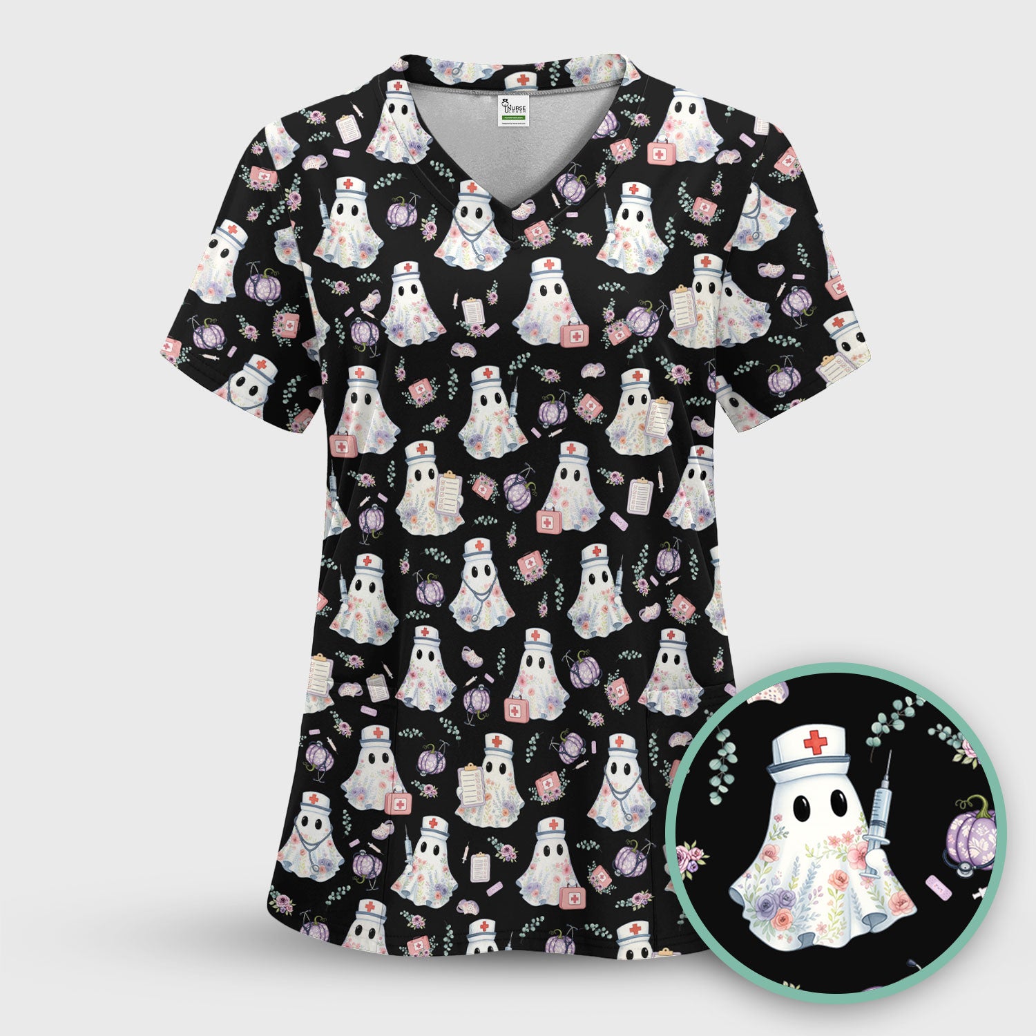 Ghost Nurse Medical Uniform - Cute Boo Halloween Pumpkin Scrub Top for Women - Gift for CRNA ICU Nurses