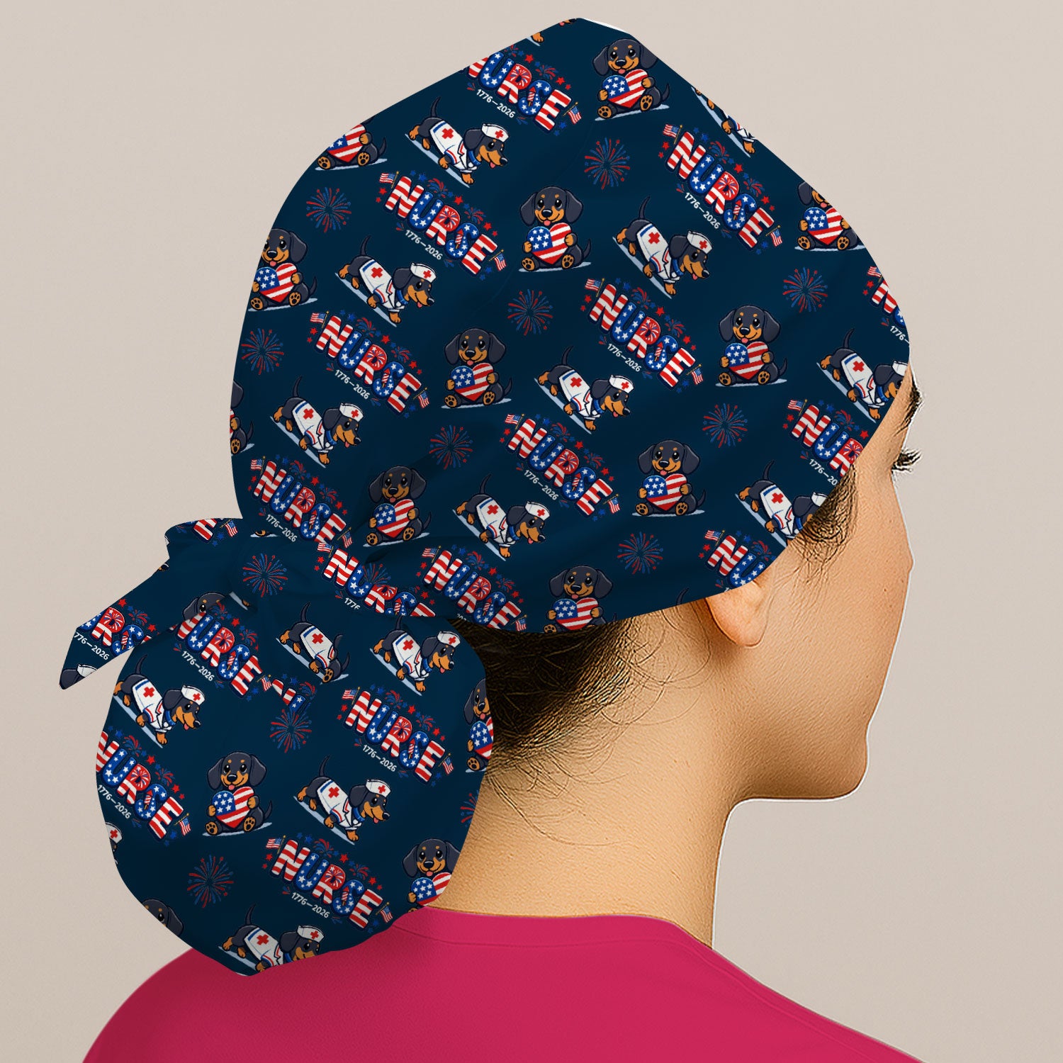 Proud Nurse Patriotic Dachshund Medical Firework Pattern Cap, Bouffant Scrub Caps for Women