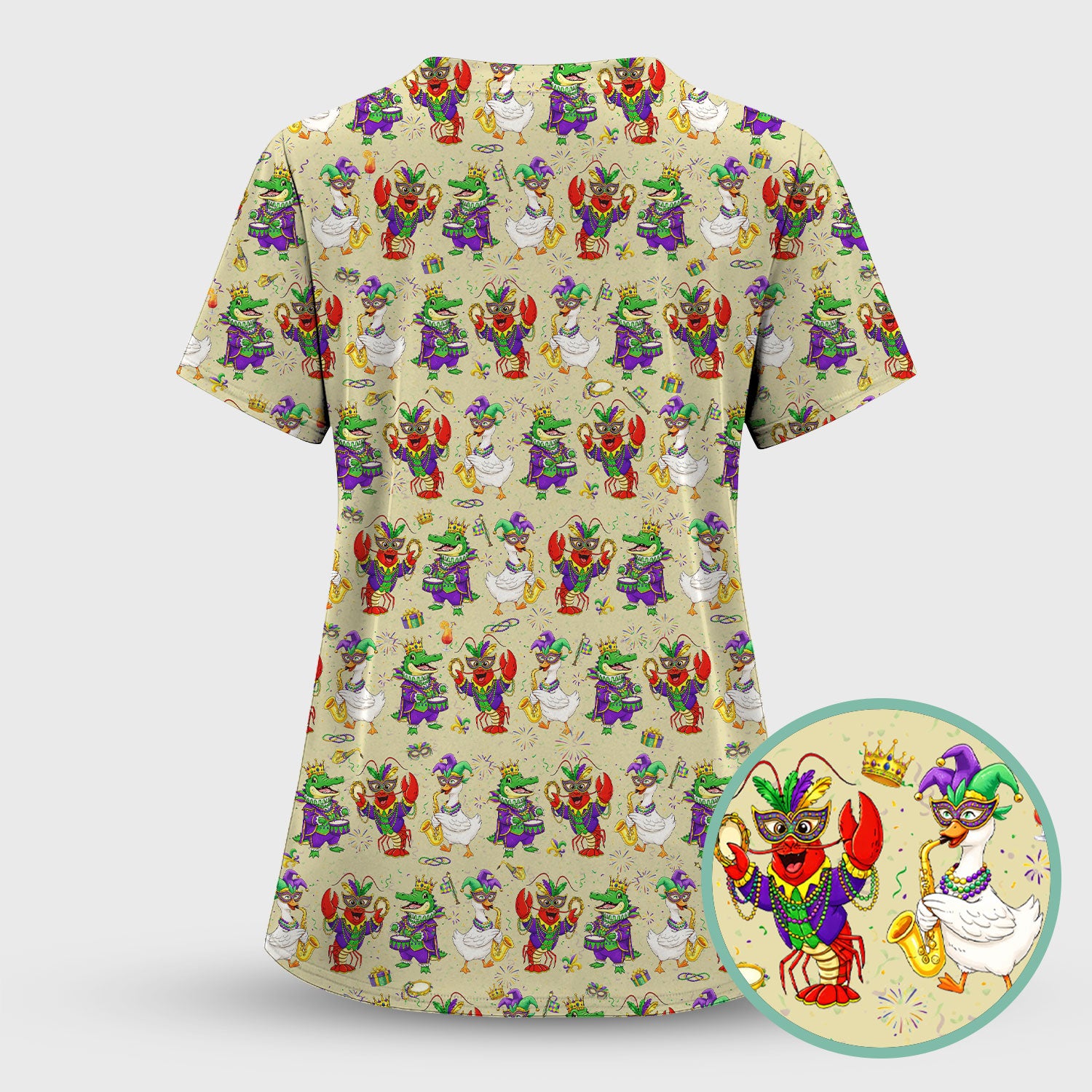 Crawfish And Duck Carnival Scrub Set, Mardi Gras Parade Pattern Nurse Shirt, Breathable Fabrics Nursing Uniform