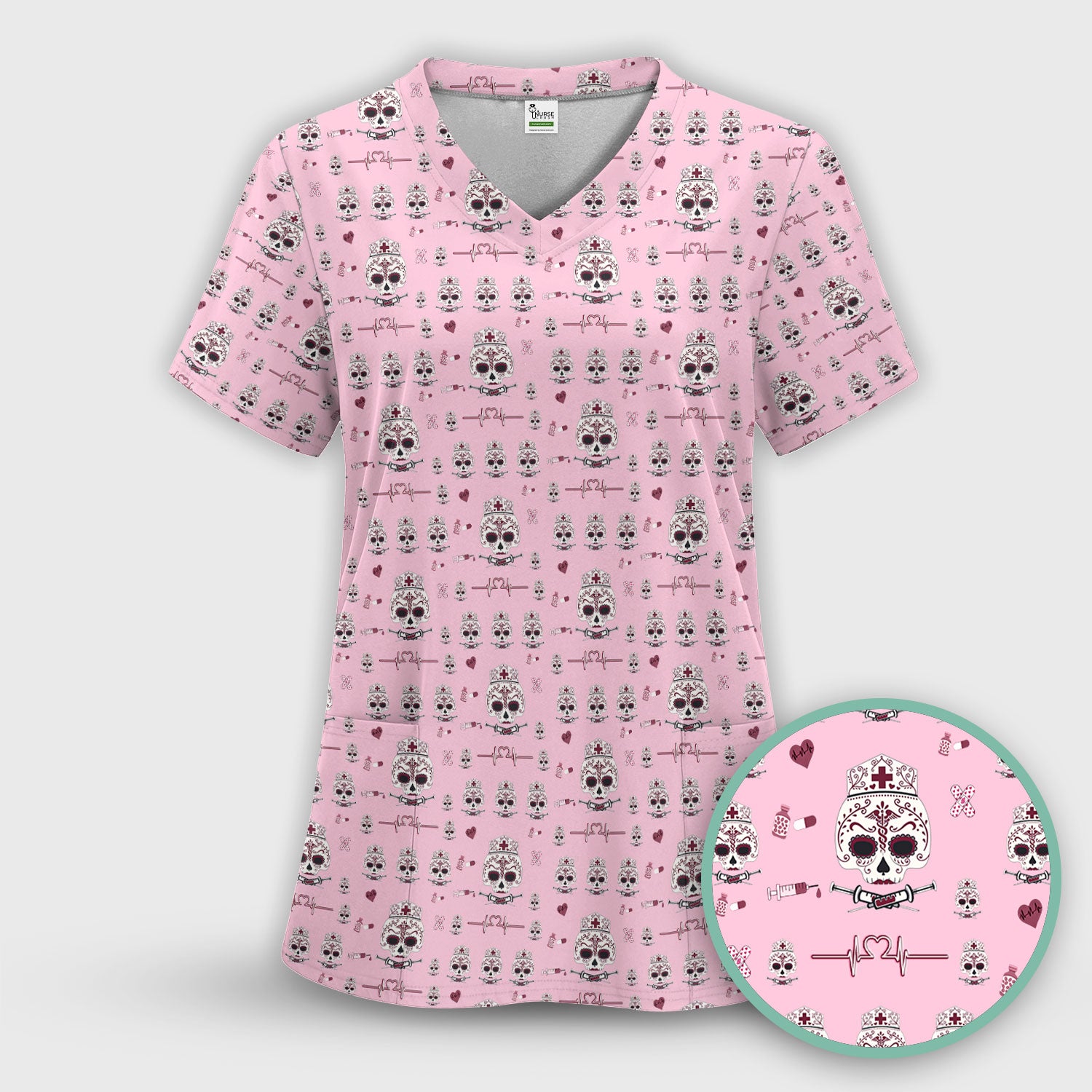 Sugar Skull Scrub Top, Skull Pattern Scrub Shirt, Breathable Fabrics Nursing Uniform