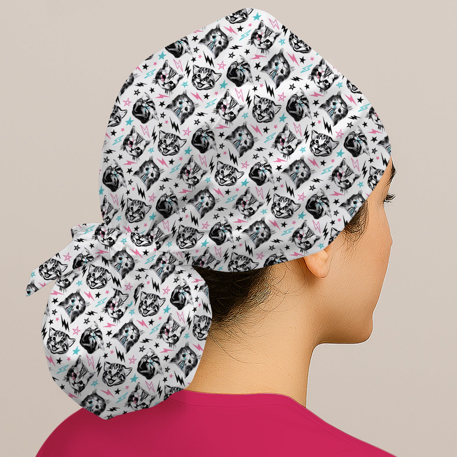 Playful Cat Faces Lightning Pattern Nurse Scrub Cap, Surgical Caps for Doctors