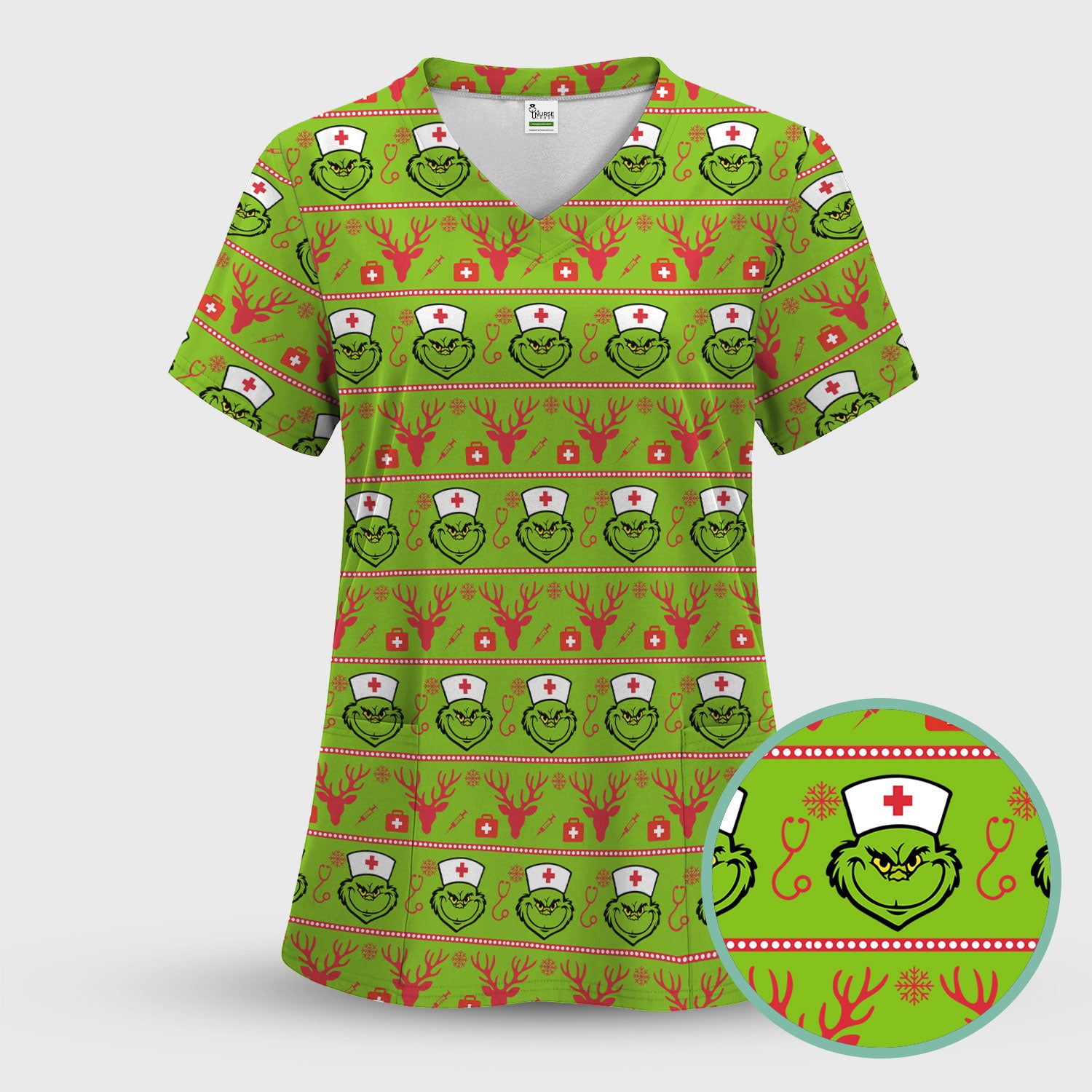 Funny Grinch Nurse Scrubs Top - Ugly Christmas Sweater Style Scrub Shirt - Holiday Nursing Workwear for Women