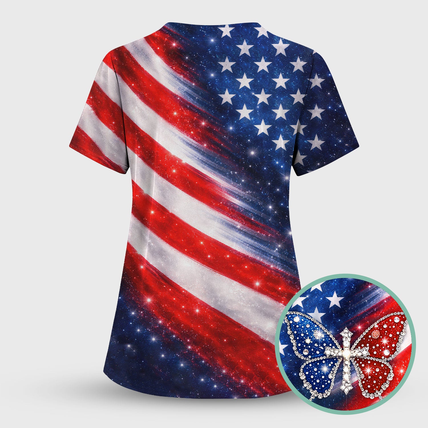 USA Flag Glitter Butterfly Rhinestone Pattern Scrubs Top, Breathable Fabrics Nursing Uniform