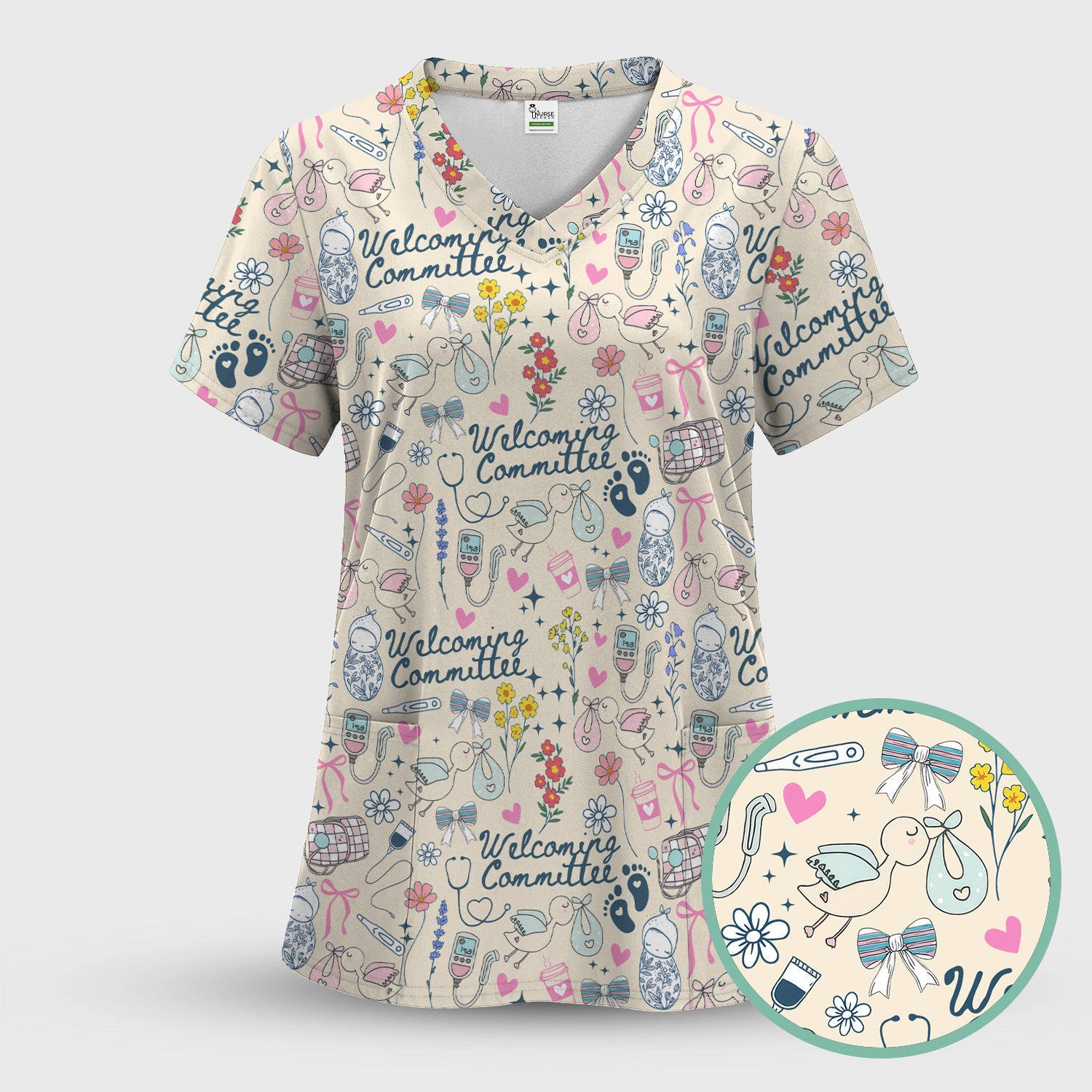 Funny NICU Nurse Tee - Cute Baby Feet & Floral Stork Pattern Graphic - Gift for Women RN LPN