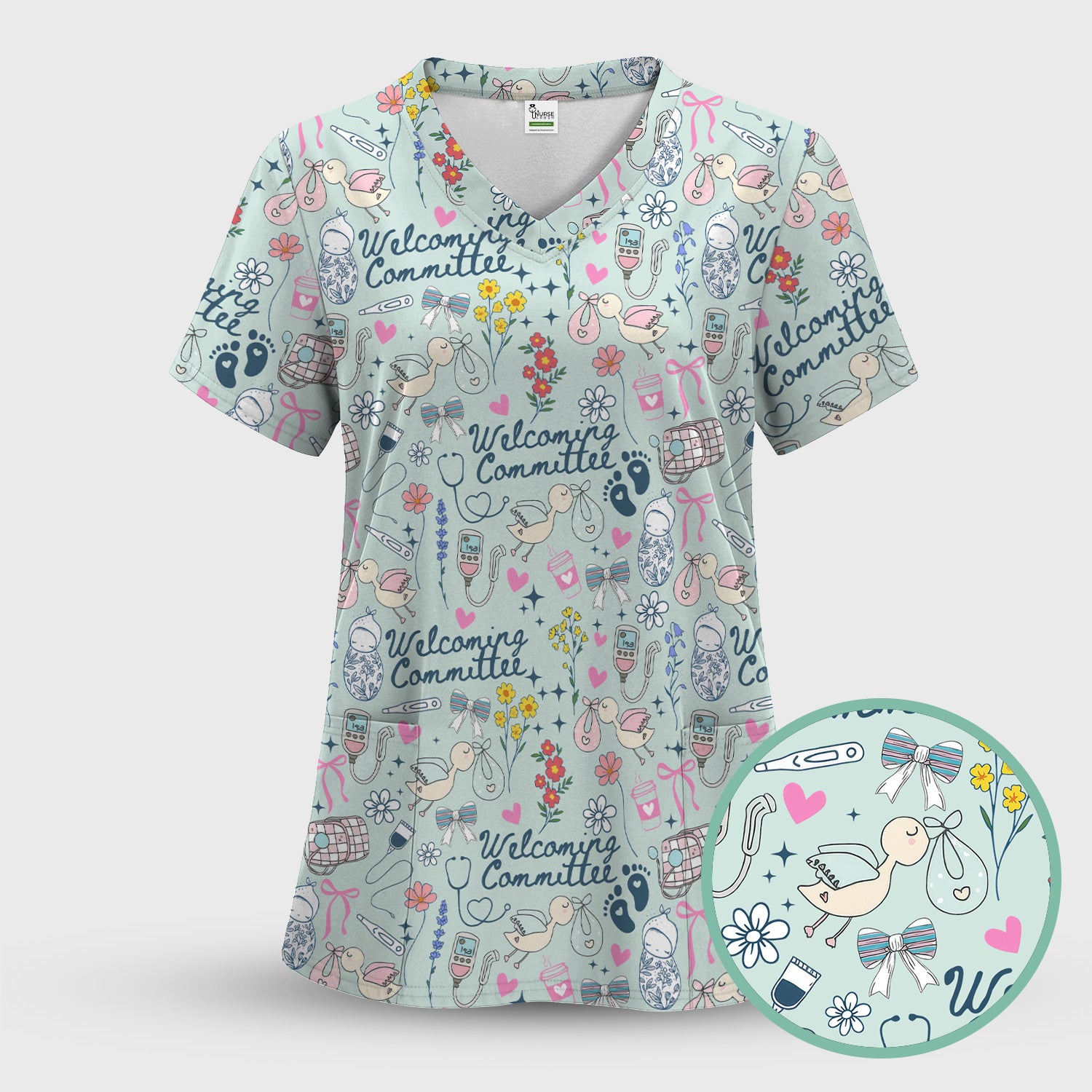 Funny NICU Nurse Tee - Cute Baby Feet & Floral Stork Pattern Graphic - Gift for Women RN LPN