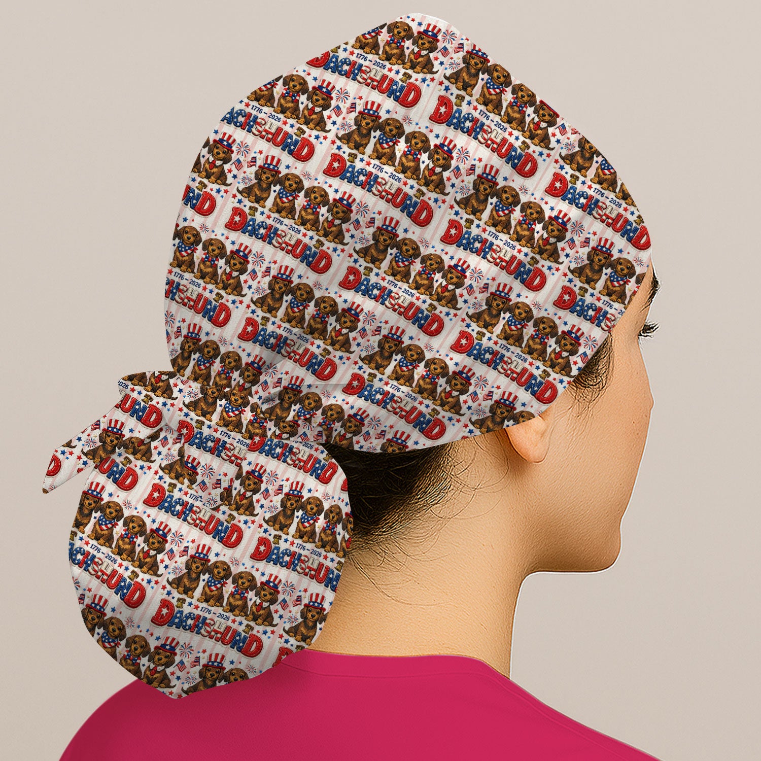 Patriotic Dachshund Fireworks Pattern Surgical Cap, Breathable Fabrics Caps Uniform