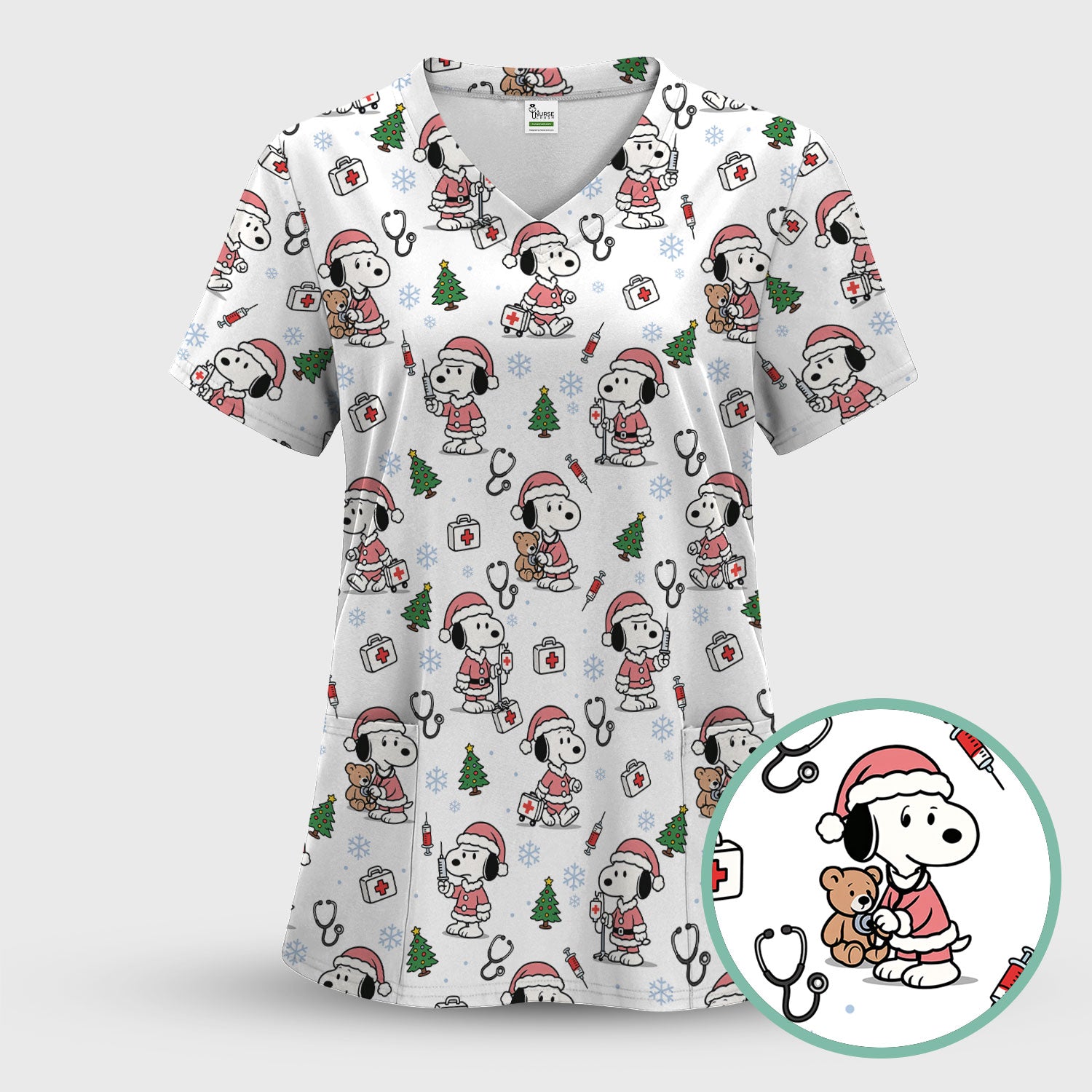 Snoopy Christmas Nurse Scrub Top for Women - Cute Cartoon Holiday Medical Uniform with Pockets - Nursing Gift for RN CNA LPN
