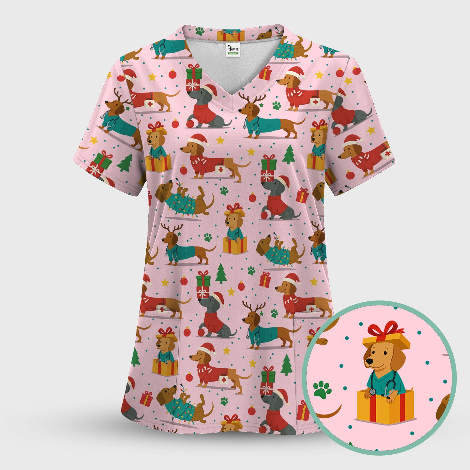 Christmas Dog Scrub Top for Women - Cute Dachshund Nurse Shirt - Holiday Medical Scrubs Gift for CNA RN Doctor