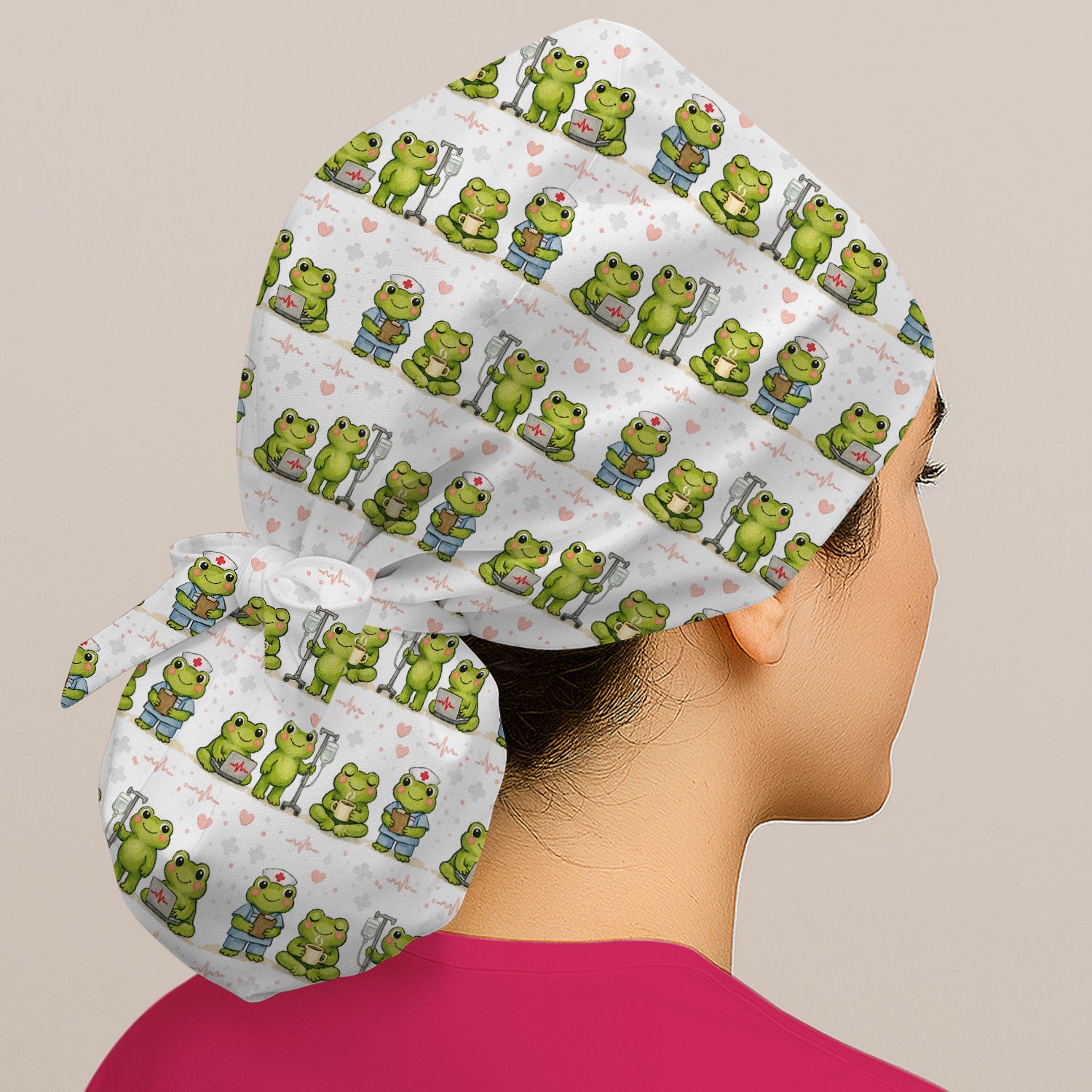 Adorable Frog Nurse Various Poses Print Bouffant Cap, Surgical Caps for Doctors