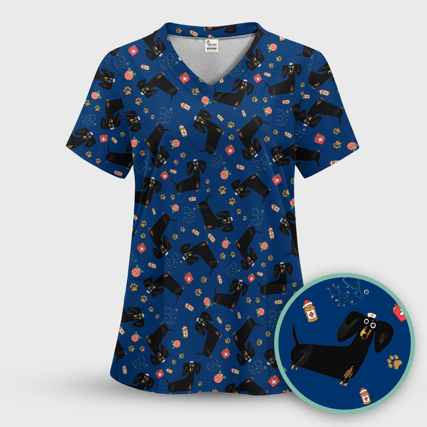 Funny Wiener Dog Scrub Top for Nurses - Cute Black Dachshund Medical Shirt - Dog Lover Nursing Uniform Gift for Women