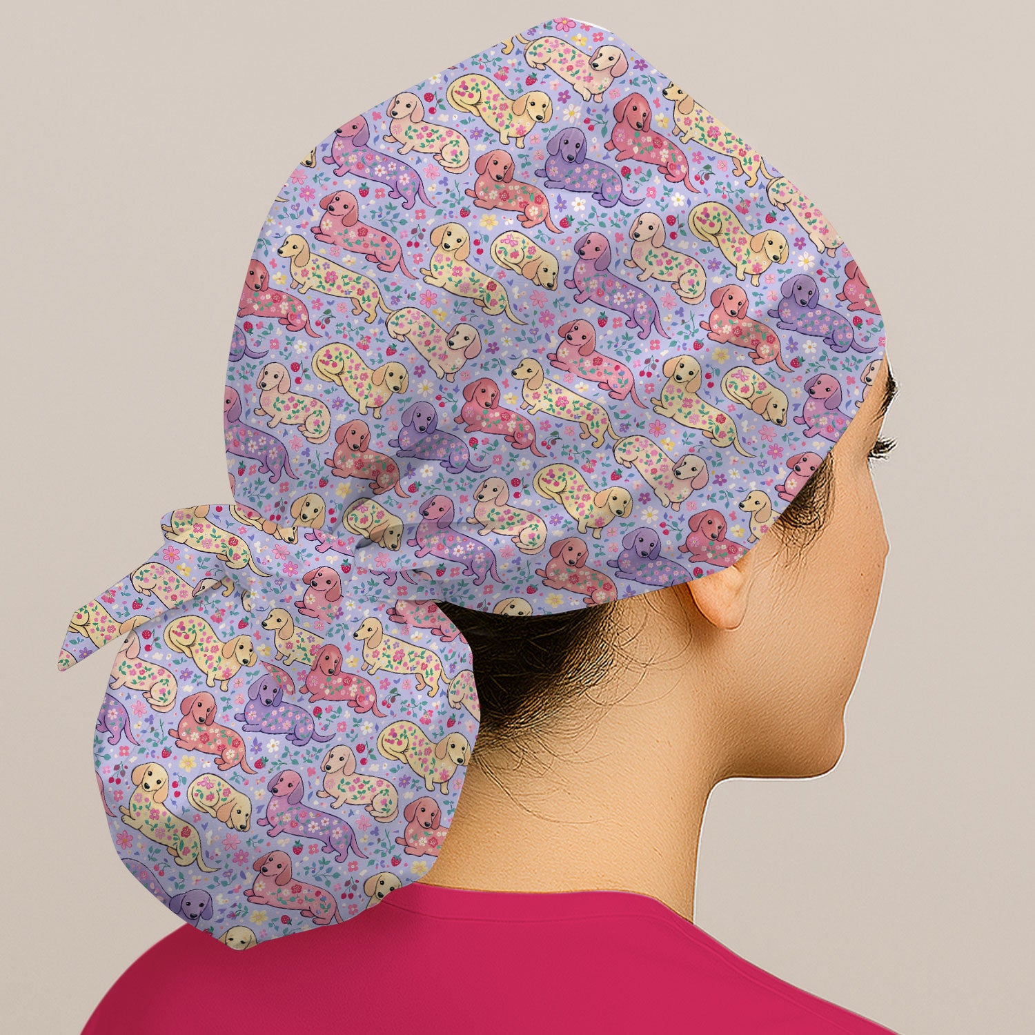Cute Dachshund Floral Pattern Scrub Cap, Breathable Fabrics Caps Uniform