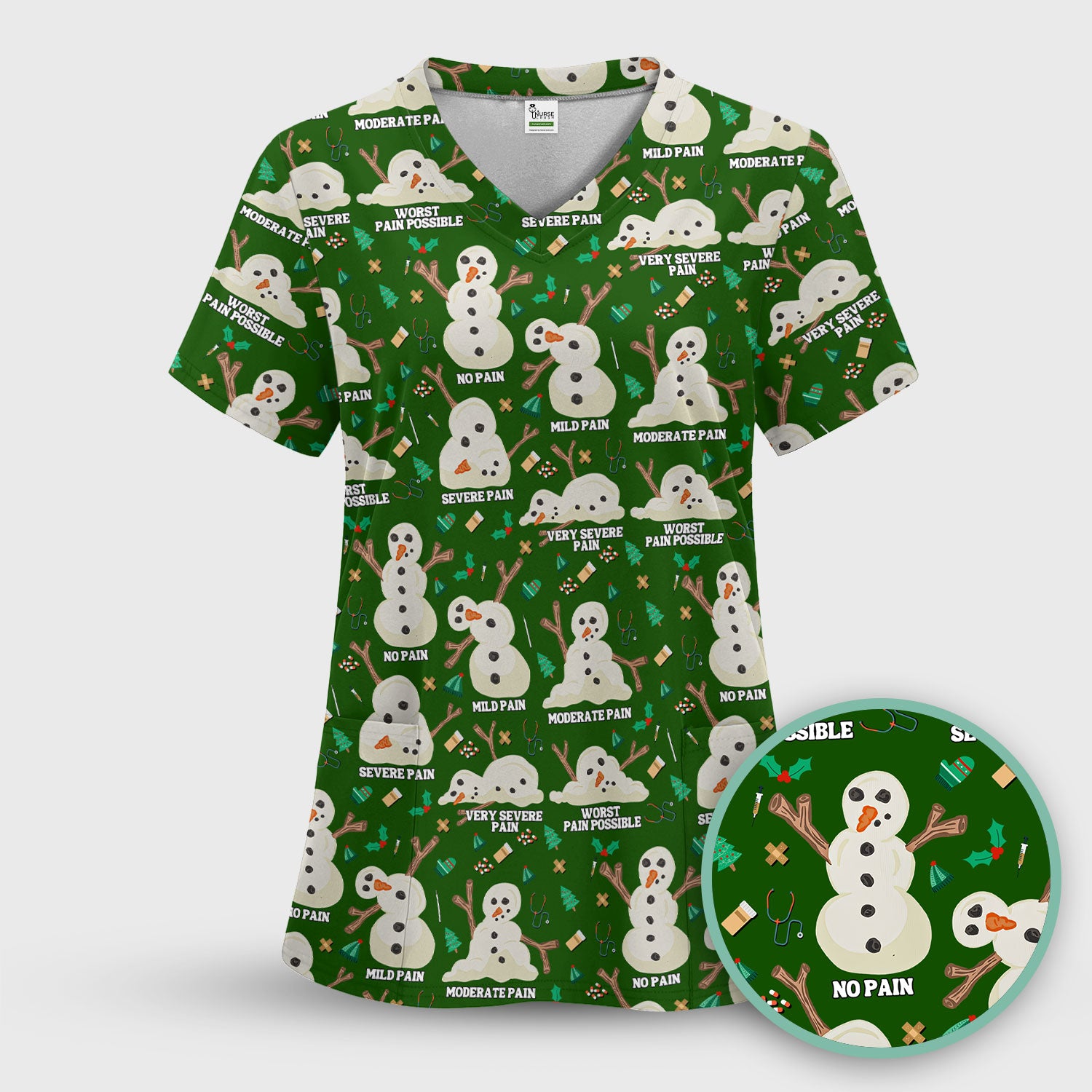 Funny Snowman Pain Scale Scrub Top for Nurse - Christmas Medical Shirt for Women RN LPN CNA - Cute Winter Nursing Uniform