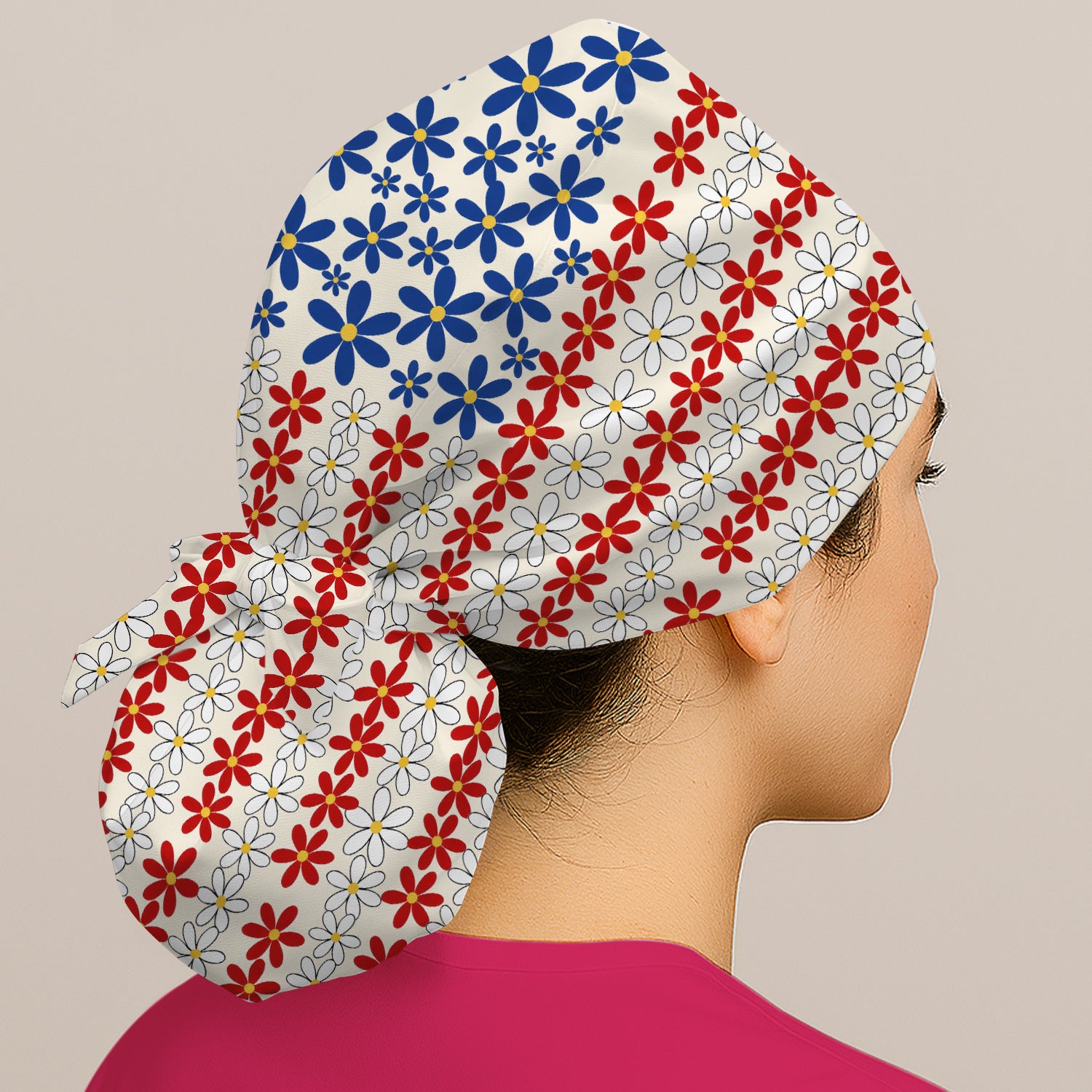 Retro Red Blue Daisy Stripe Pattern Scrub Cap, Surgical Caps for Doctors