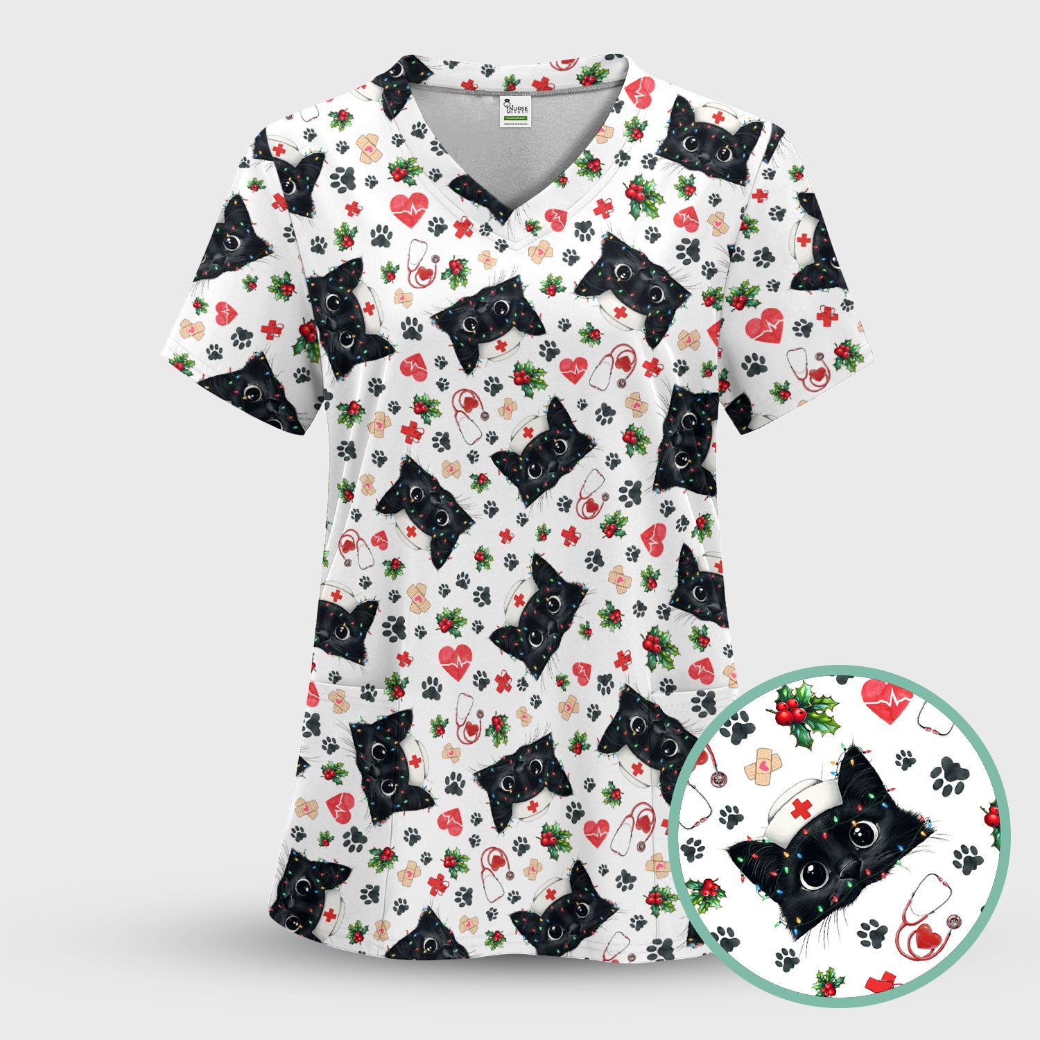 Funny Cats Scrub Top for Nurses - Black Kittens Christmas Medical Uniform - Jolly Holiday Gift for RN CNA LPN