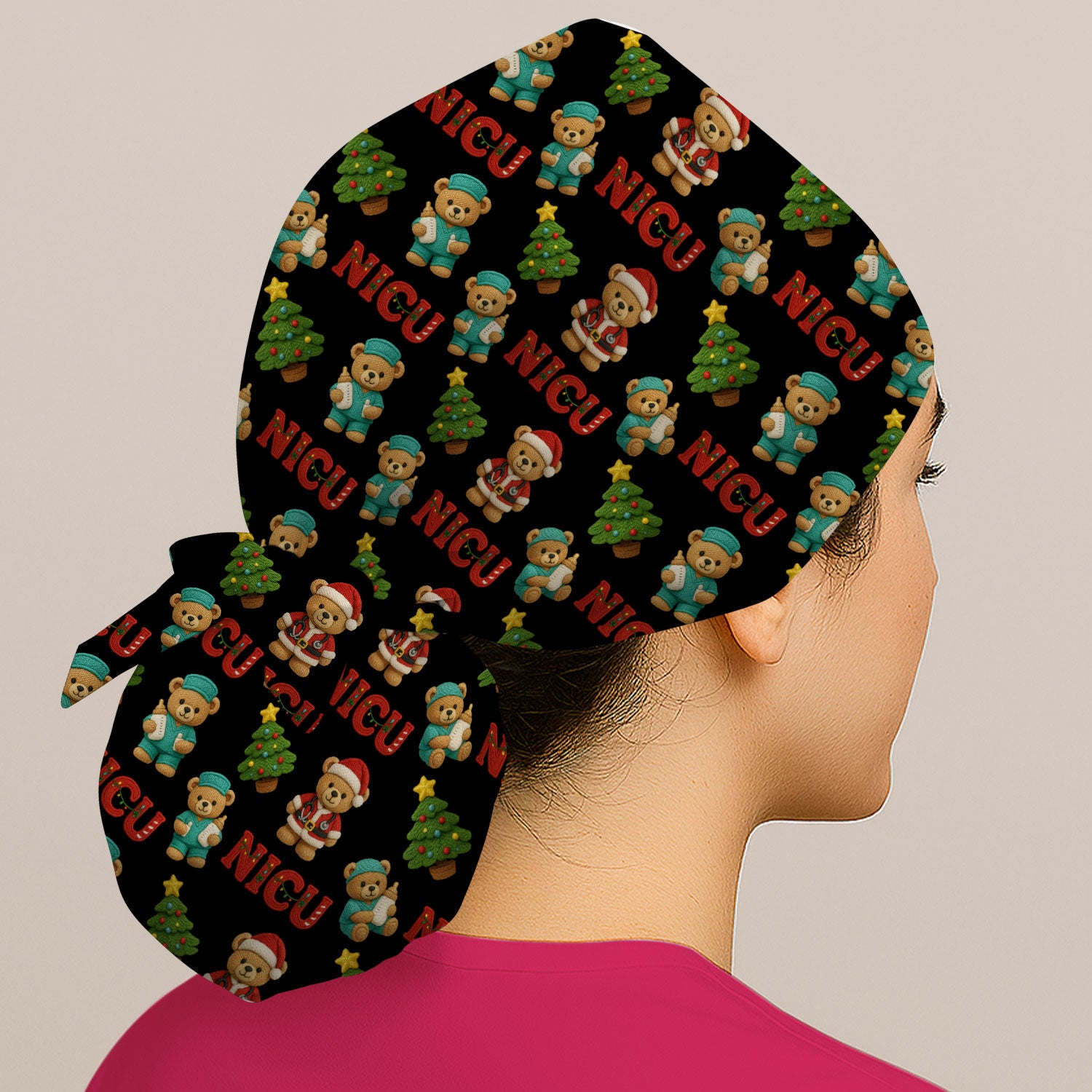 Festive Christmas NICU Nurse Teddy Bear Pattern Print Cap, Bouffant Scrub Caps for Women