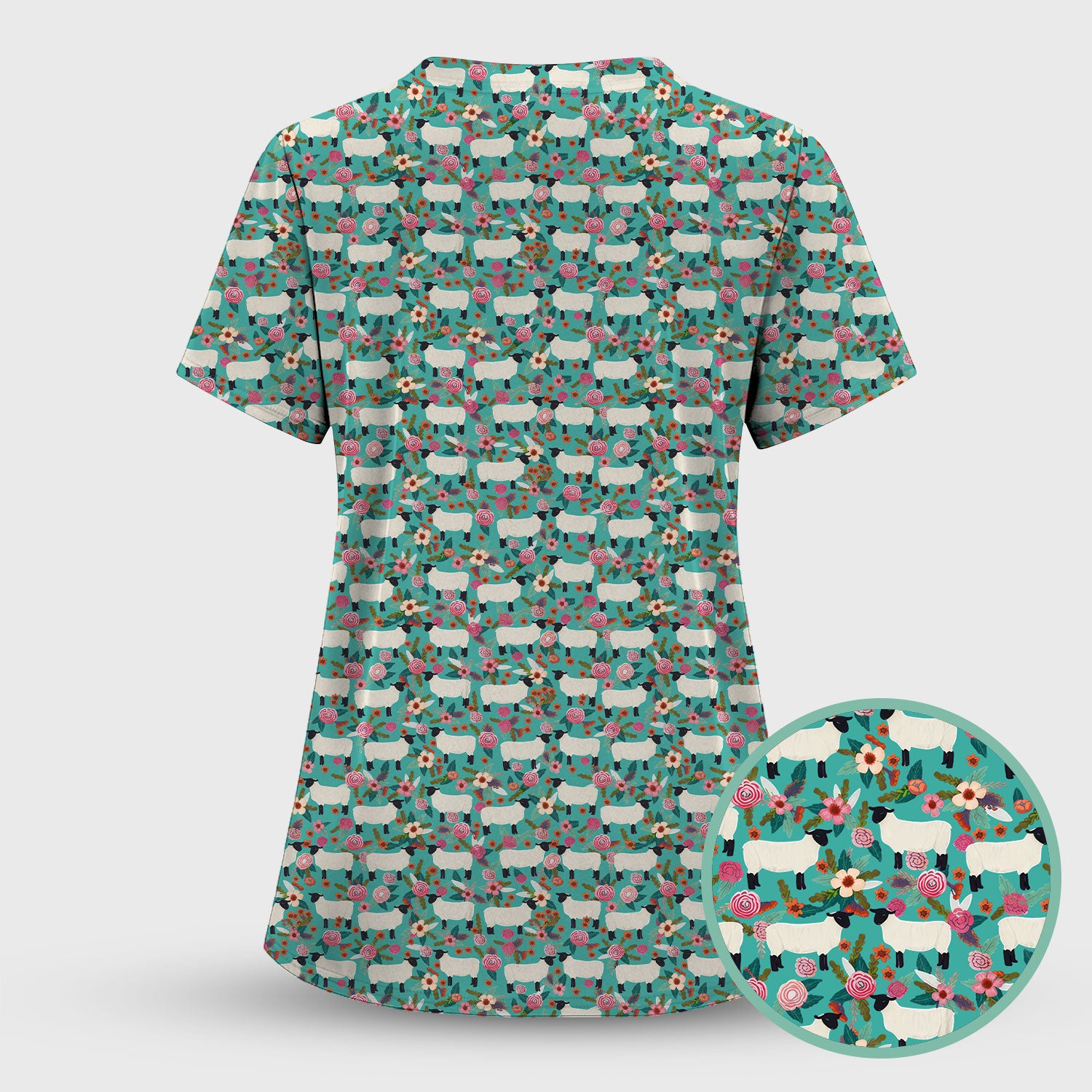 Cute Sheep Floral Meadow Pattern Scrub Set, Nurse Uniform Scrubs Set