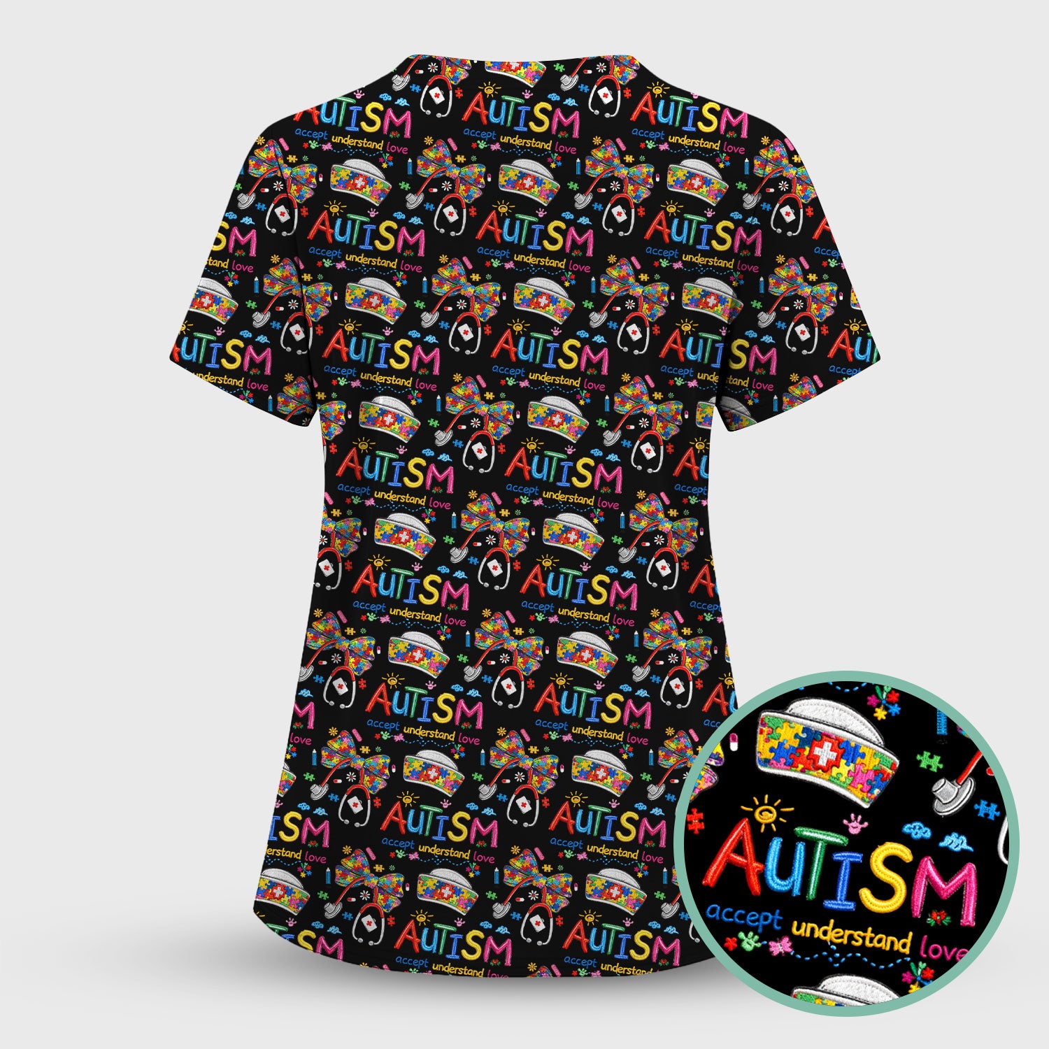 Autism Awareness Pattern Nurse Scrub Top, Accept Understand Love Puzzle Nurses Shirt, Breathable Fabrics Nursing Uniform