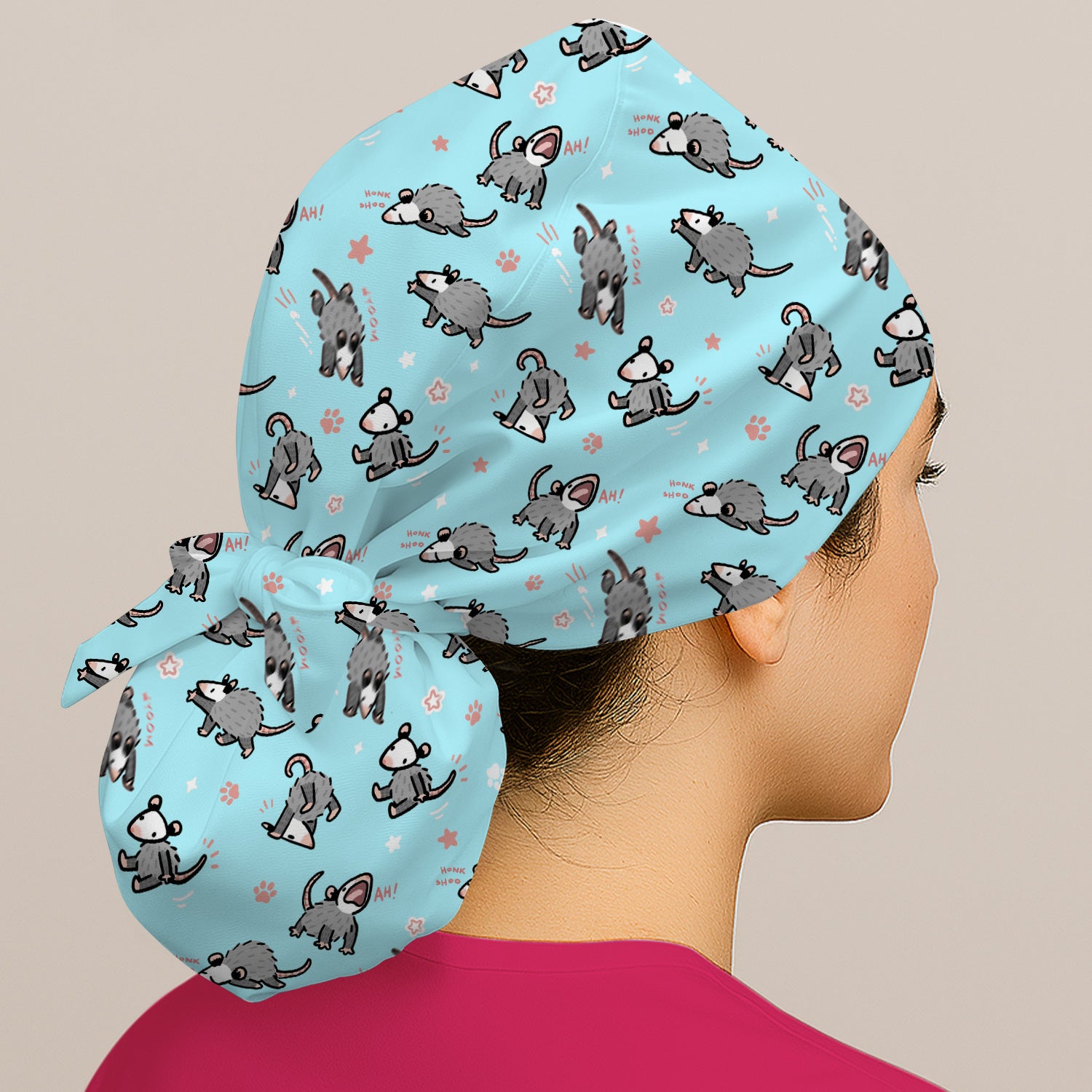 Playful Cartoon Opossum Character Pattern Cap, Bouffant Scrub Caps for Women