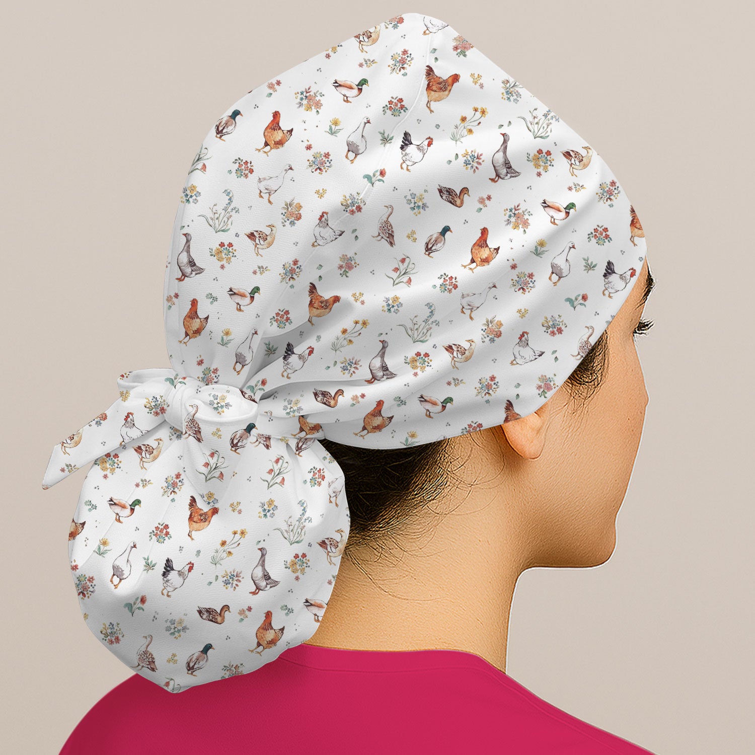Farm Chicken Duck Floral Pattern Caps, Bouffant Scrub Caps for Women