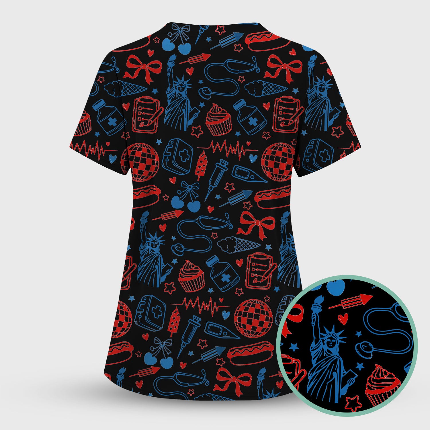 Patriotic Nurse Medical Icons Pattern Scrub Set, Scrub Pants and V Neck Top
