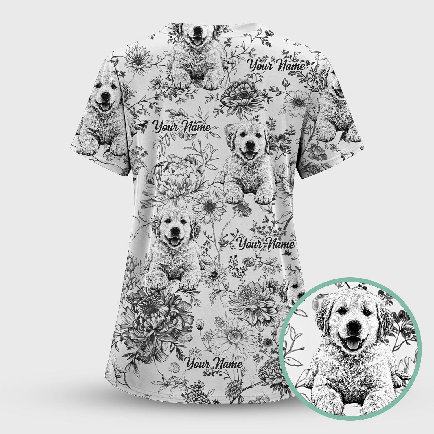 Personalized Custom Pet Photo Name Floral Pattern Scrub Top, Breathable Fabrics Nursing Uniform