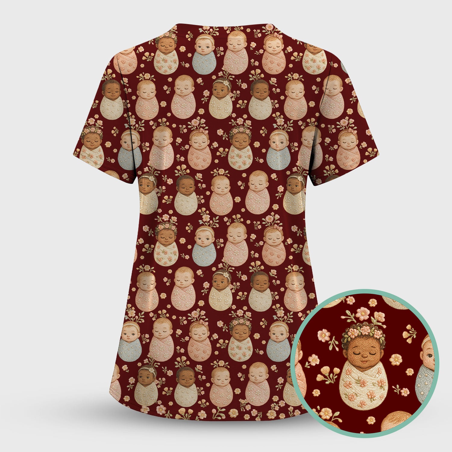 Sweet Newborn Baby Floral Print Nurse Scrub Top, Comfortable Scrubs for Nurses