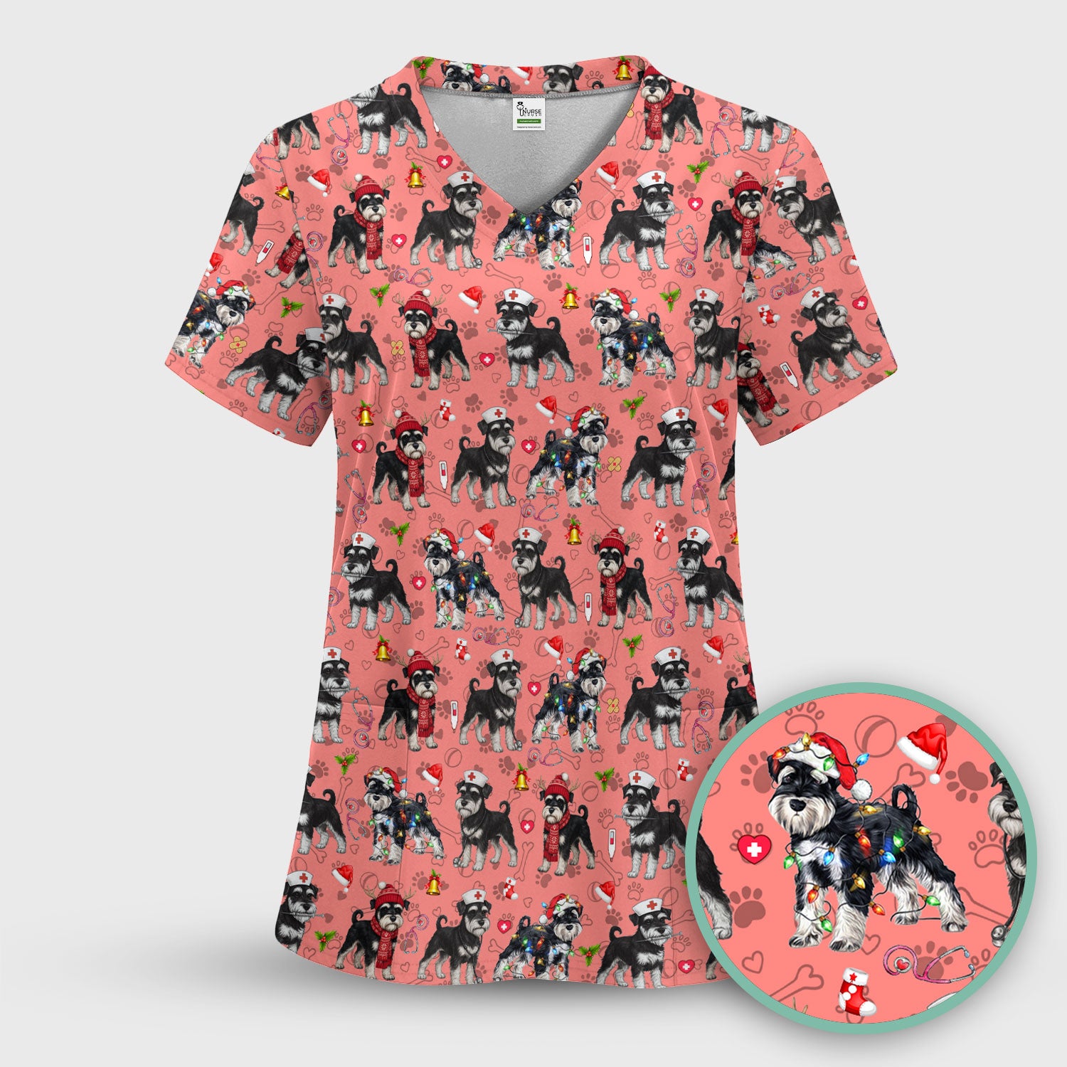 Christmas Schnauzer Scrubs for Nurses - Cute Dog Holiday Scrub Top - Funny Santa Nursing Medical Shirt for Women