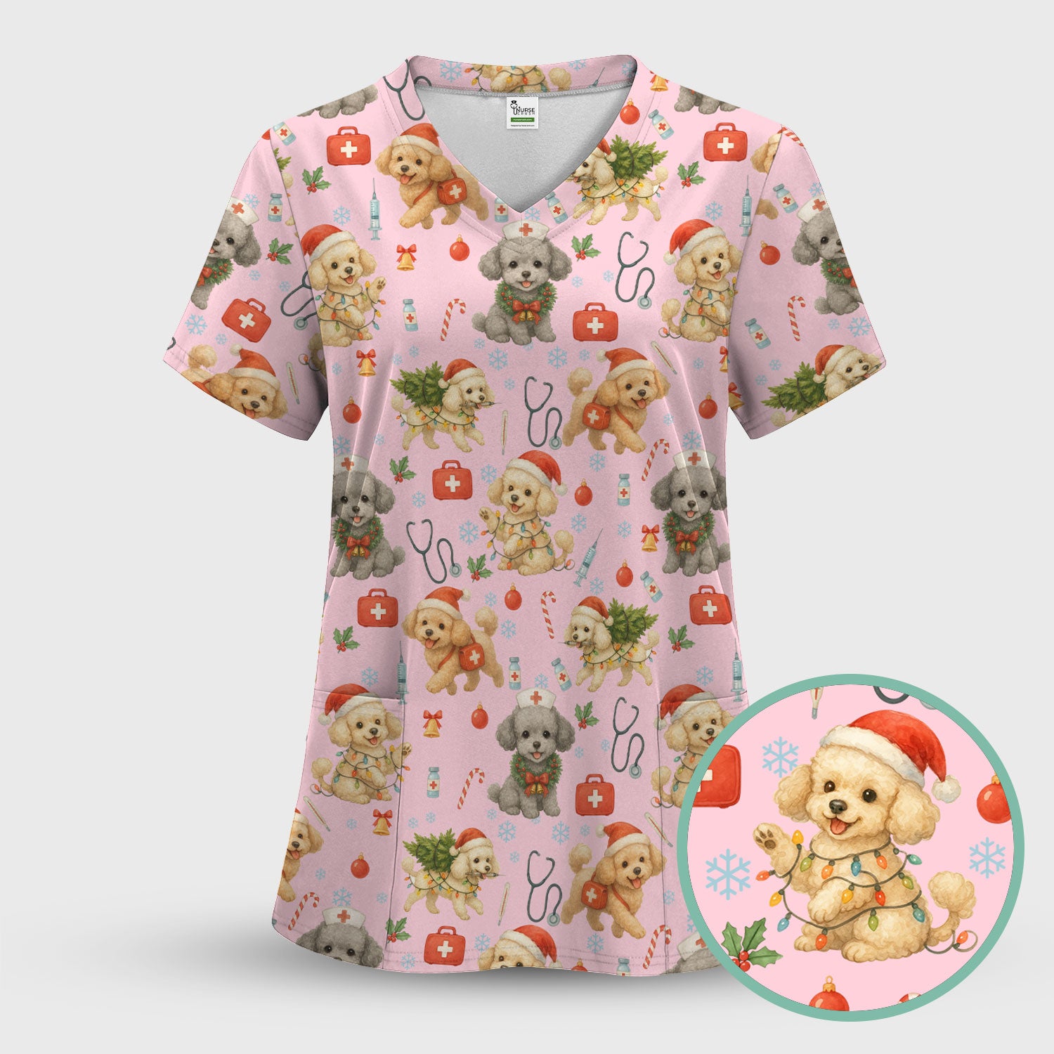 Christmas Puppy Scrub Top - Cute Dog Nurse Shirt with Santa Hat - Holiday Medical Scrubs Gift for Women CNA RN Doctor