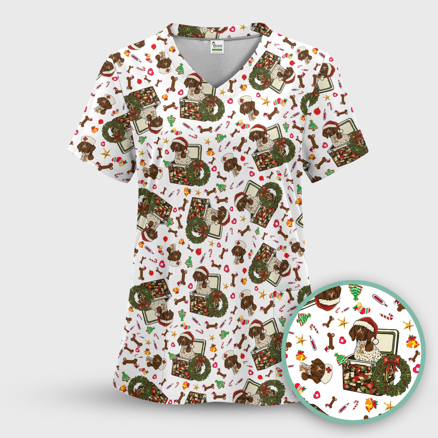 Christmas Dachshund Scrub Top - Cute Sausage Dog Nurse Shirt - Funny Holiday Medical Uniform for Women RN LPN CNA Gift