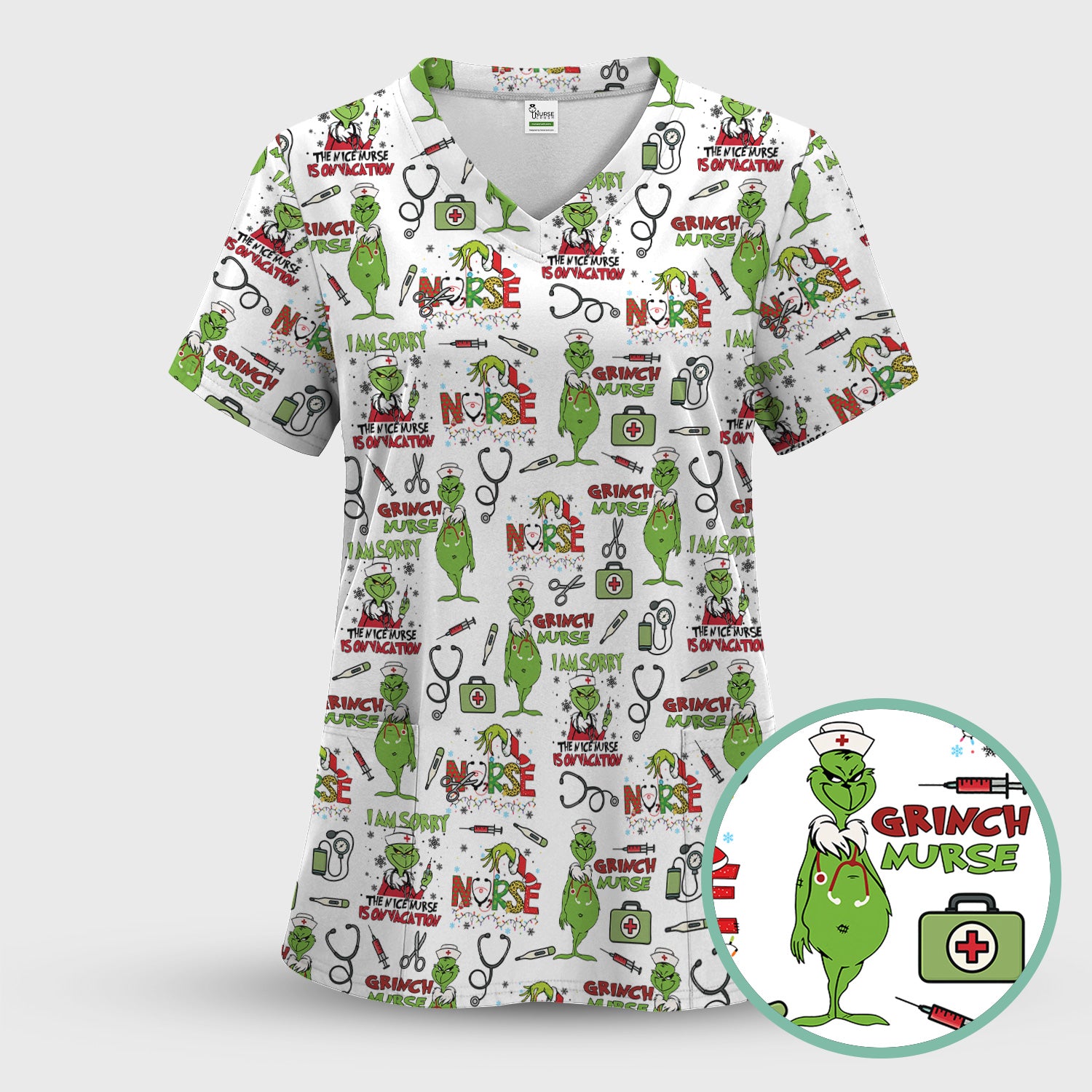 Grinch Nurse Scrub Top - Christmas Medical Uniform - Holiday Healthcare RN LPN CNA Gift