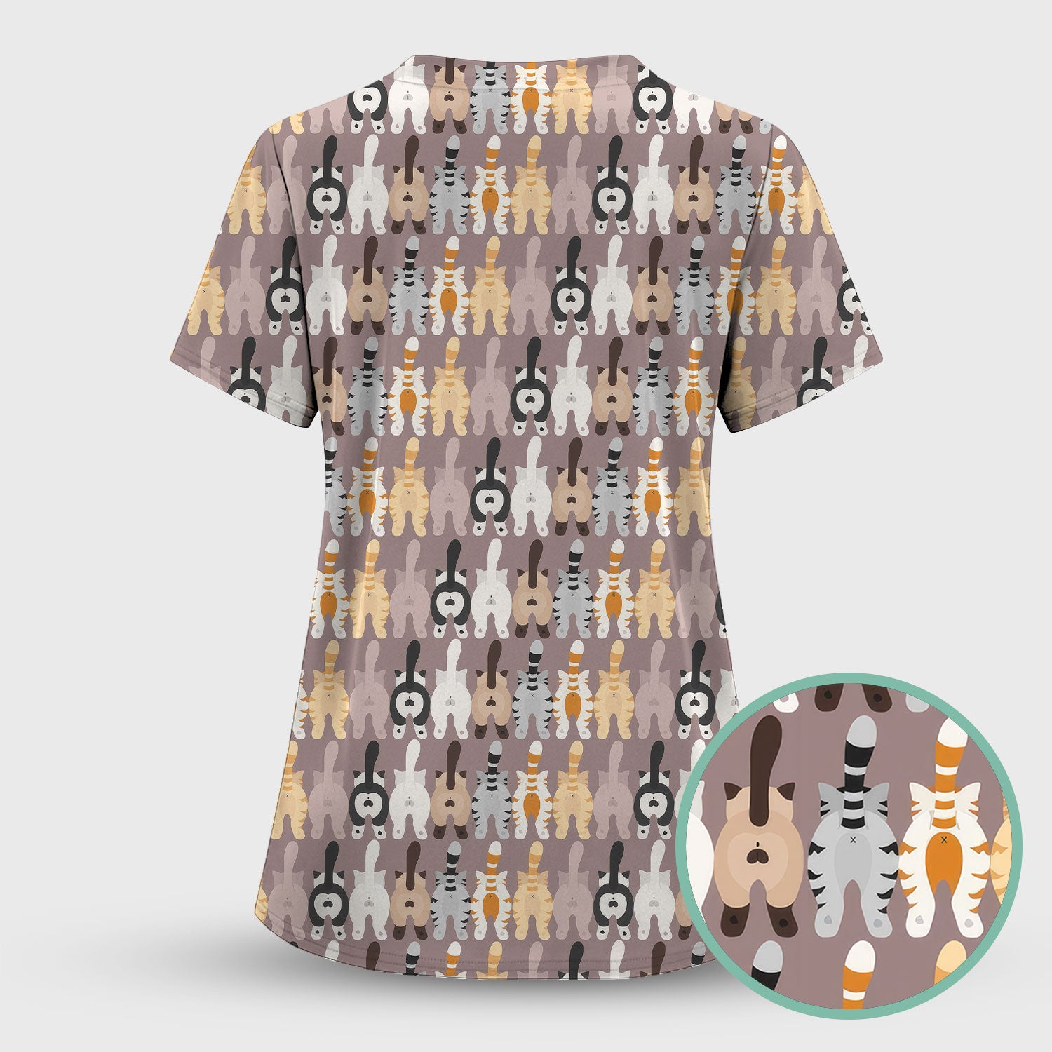 Cute Cat Butt Pattern Scrub Top, Funny Cat Nursing Shirt, Comfortable Scrubs For Nurses