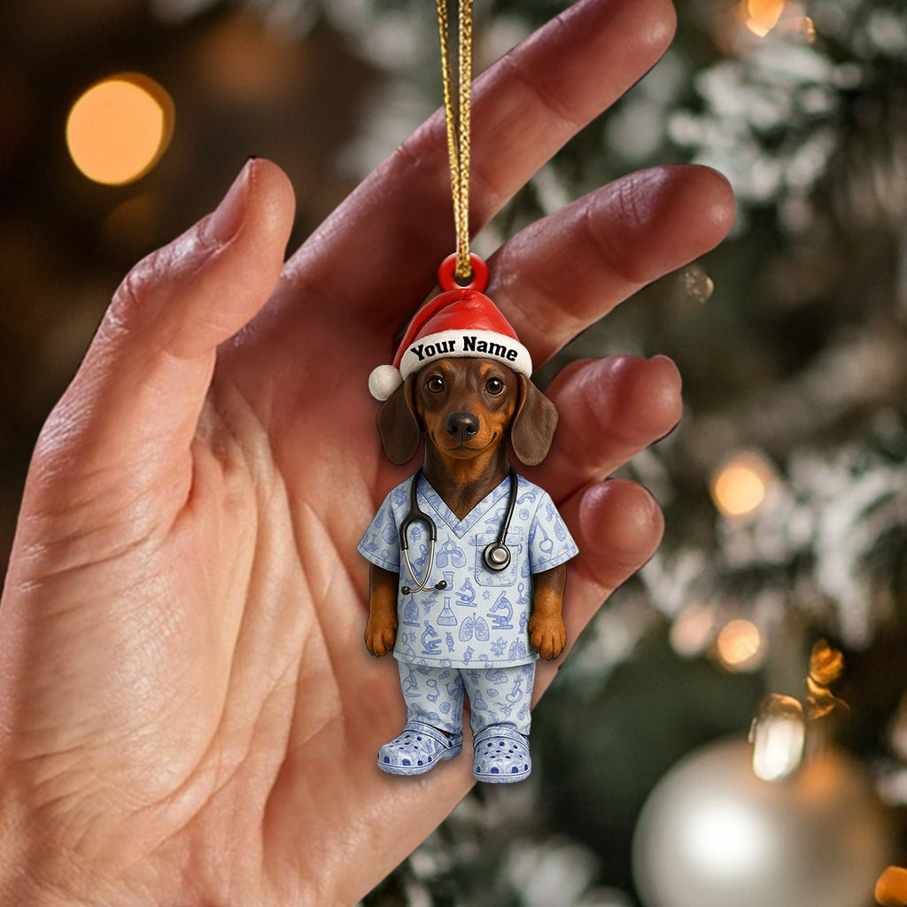 Personalized Dachshund Nurse Ornament – Custom Name Medical Scrub Dog Decor, Toile De Jouy Vet Tech Christmas Gift
