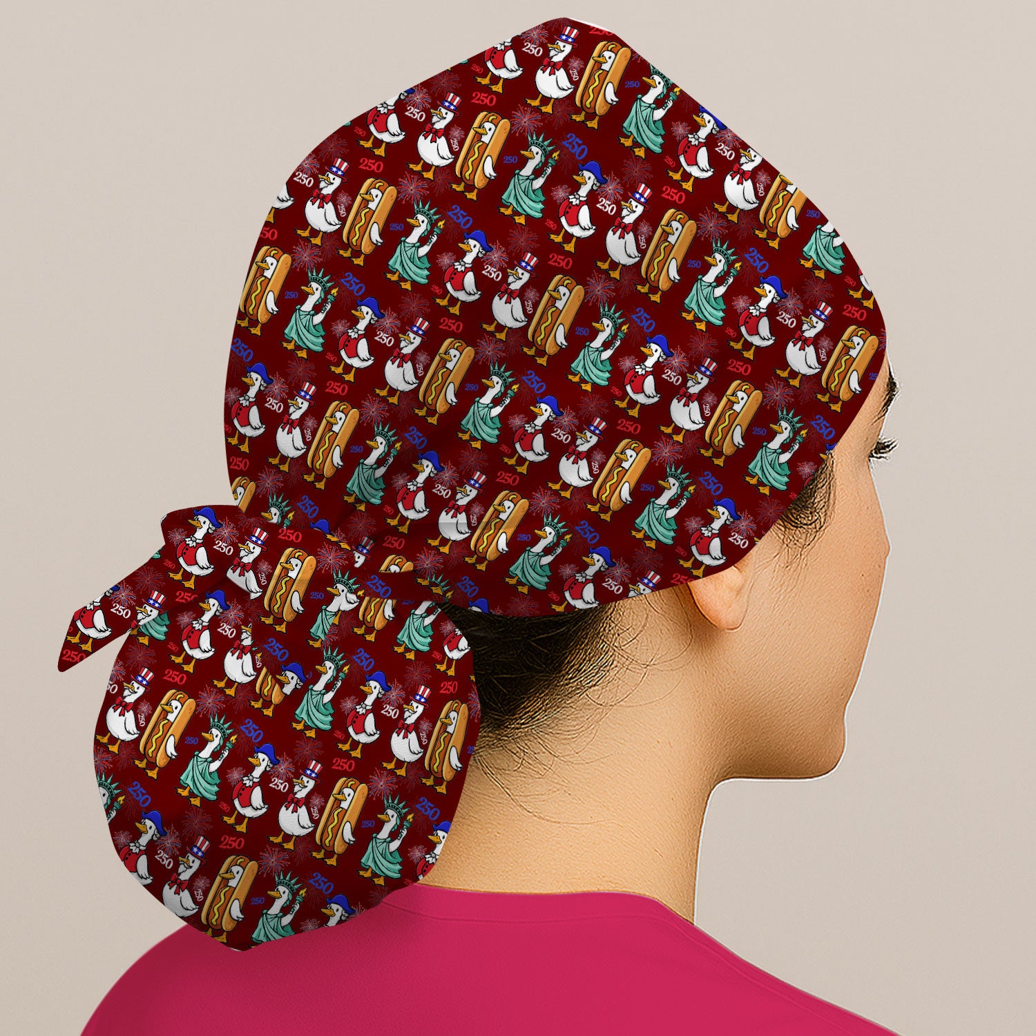 Patriotic Duck Independence Day Pattern Print Cap, Bouffant Scrub Caps for Women