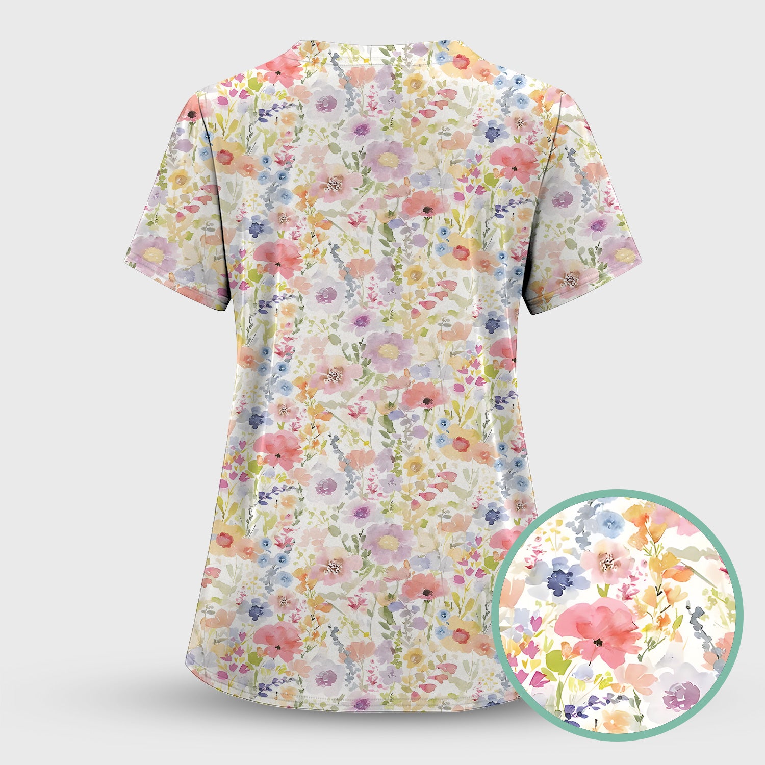 Pastel Watercolor Floral Nursing Scrub Shirt V-Neck Medical Work Top