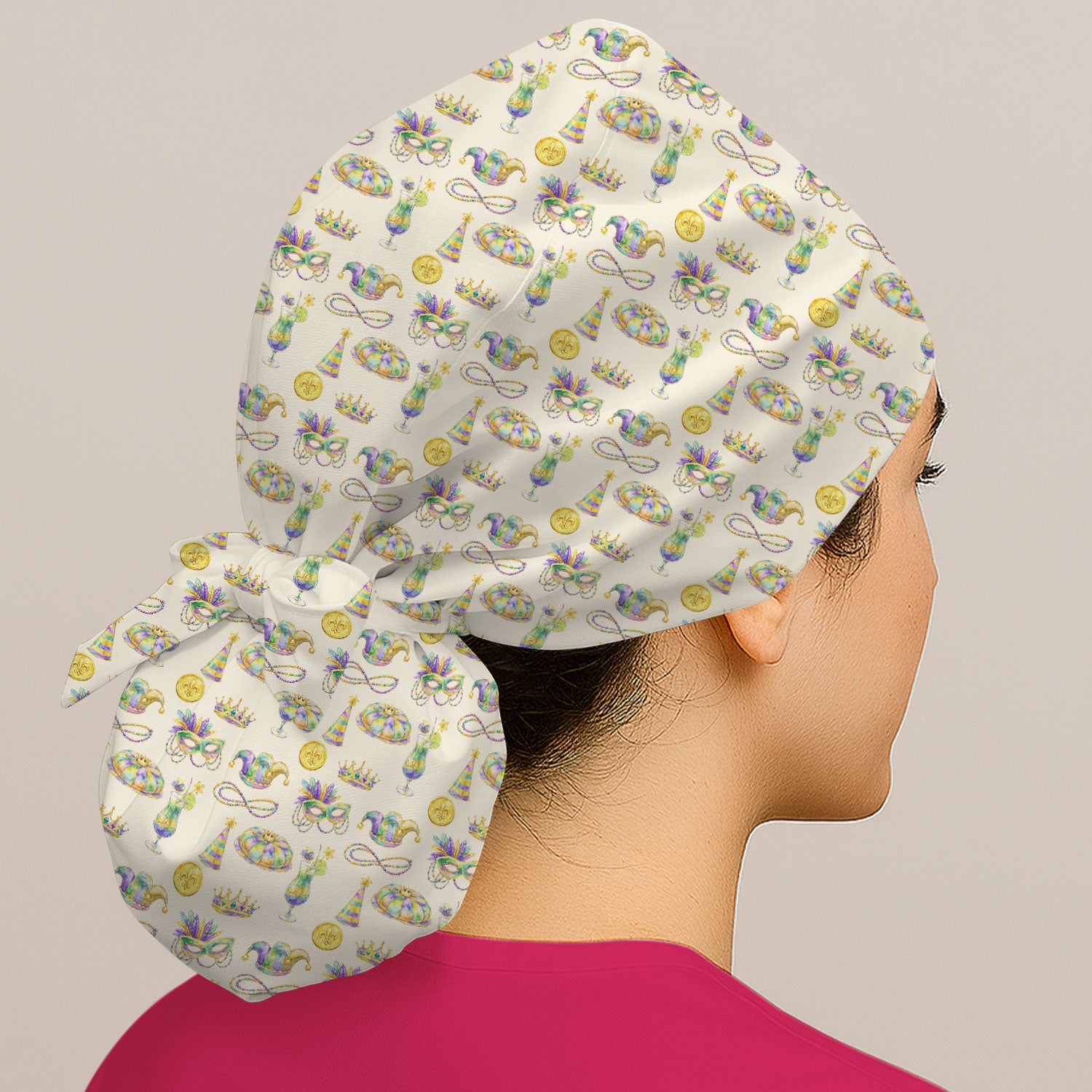 Mardi Gras Mask Scrub Cap, Elegant Carnival Pattern Nurse Hat For Women, Breathable Fabrics Nursing Uniform