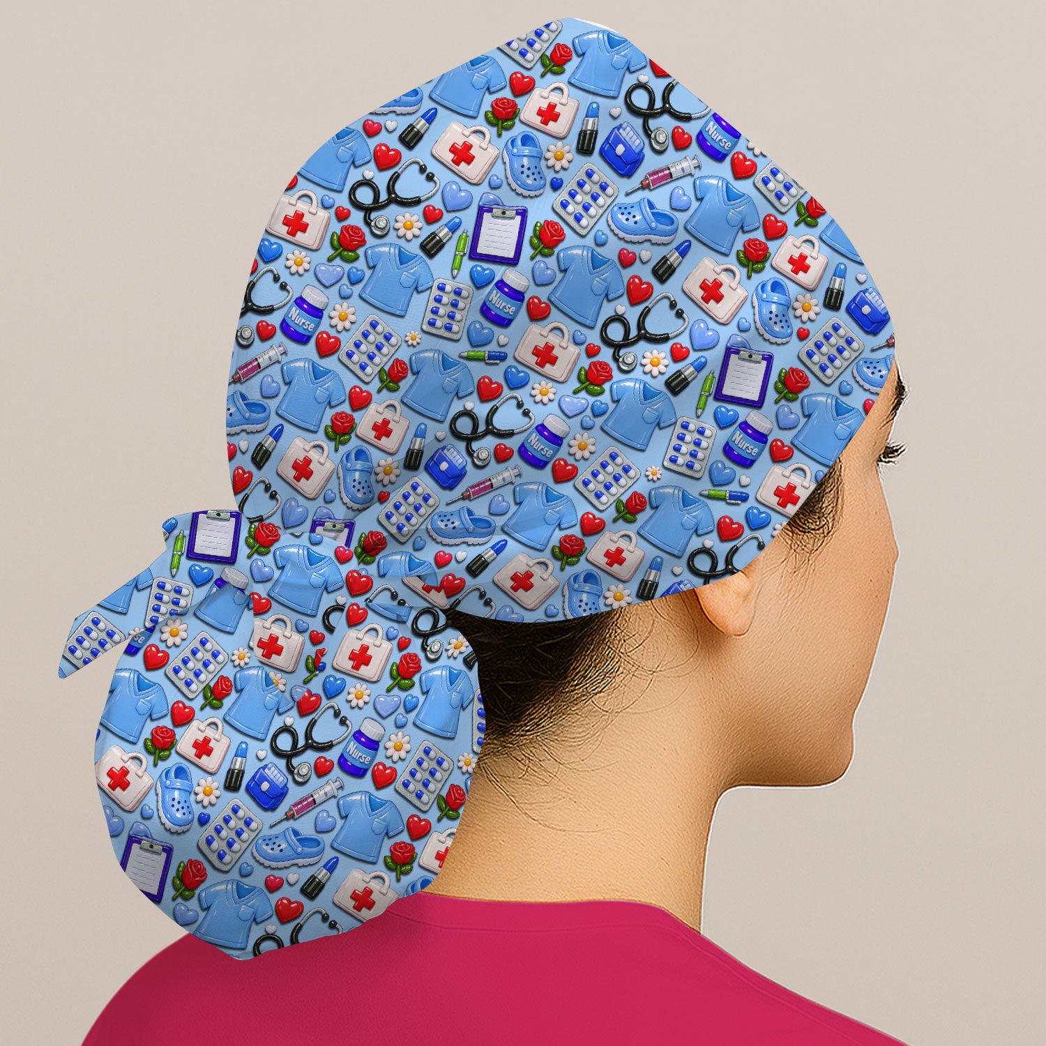 Medical Icons Scrub Cap, Cute Pattern Nurse Hat, Breathable Fabrics Nursing Uniform