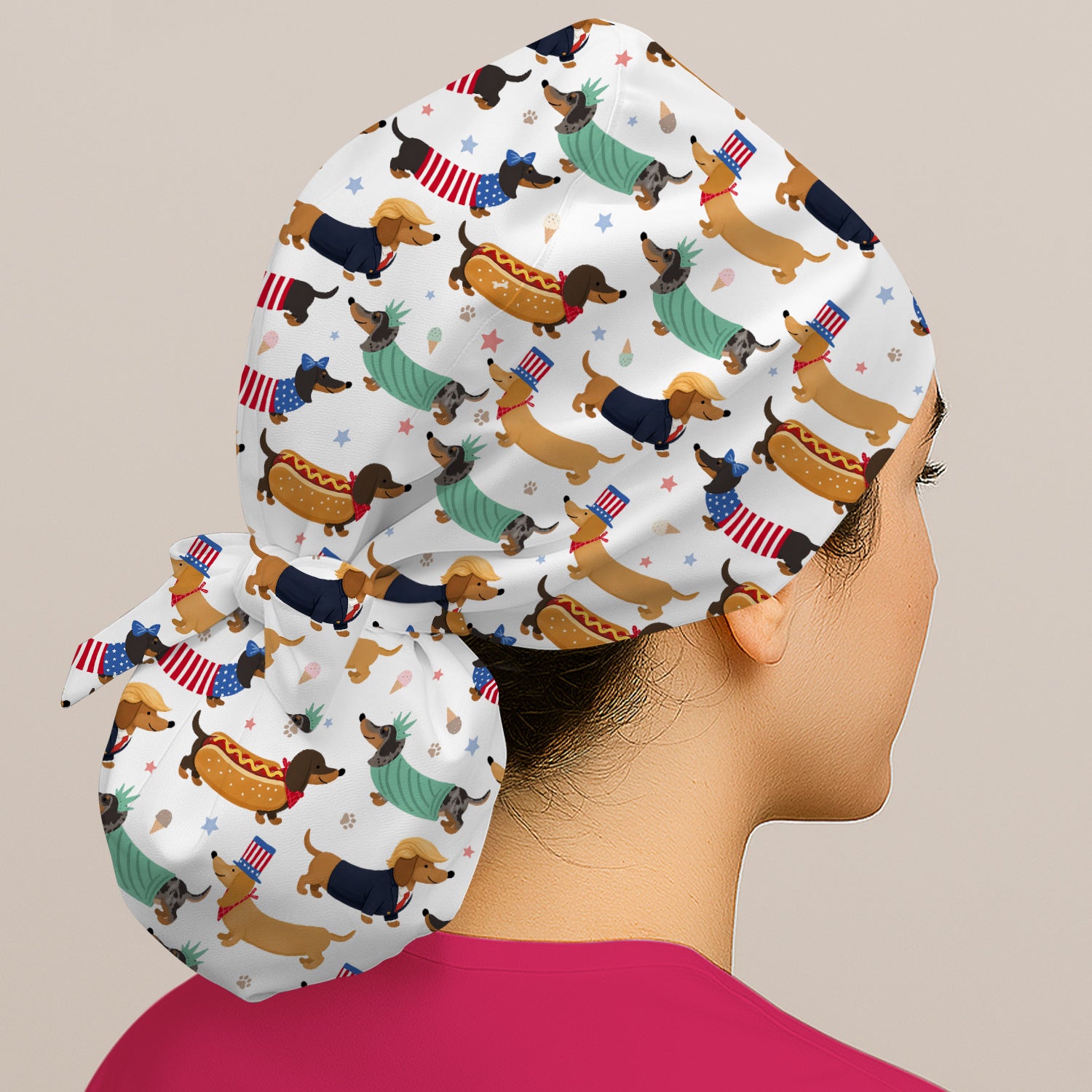 Funny Patriotic Dachshund Costume Dogs Pattern Cap, Bouffant Scrub Caps for Women