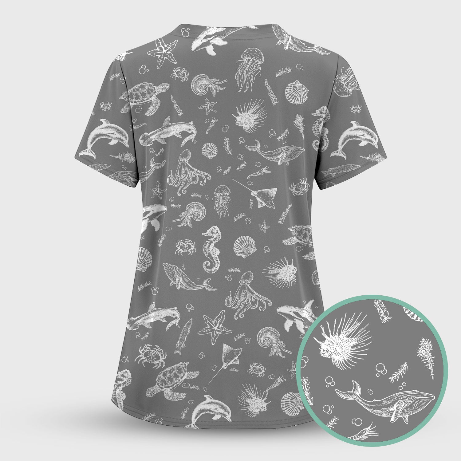 Marine Sea Life Pattern Scrub Top, Breathable Fabrics Nursing Uniform