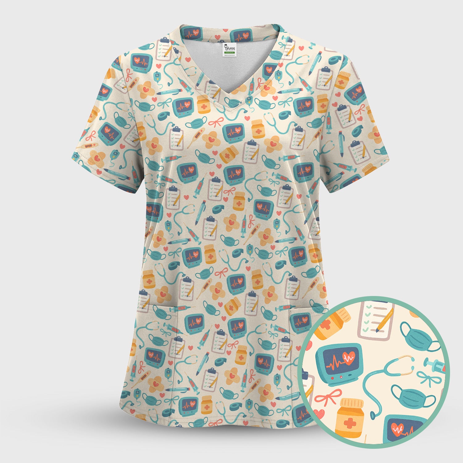Funny Nurse Shirt with Medical Icons - Stethoscope Mask & Pills Graphic Tee - Gift for Women RN LPN CNA Workers