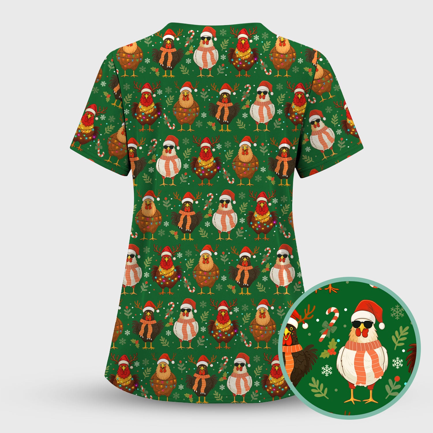 Funny Chicken Scrubs for Women - Christmas Pattern Scrub Top & Pants - Christmas Scrubs with Adorable Design