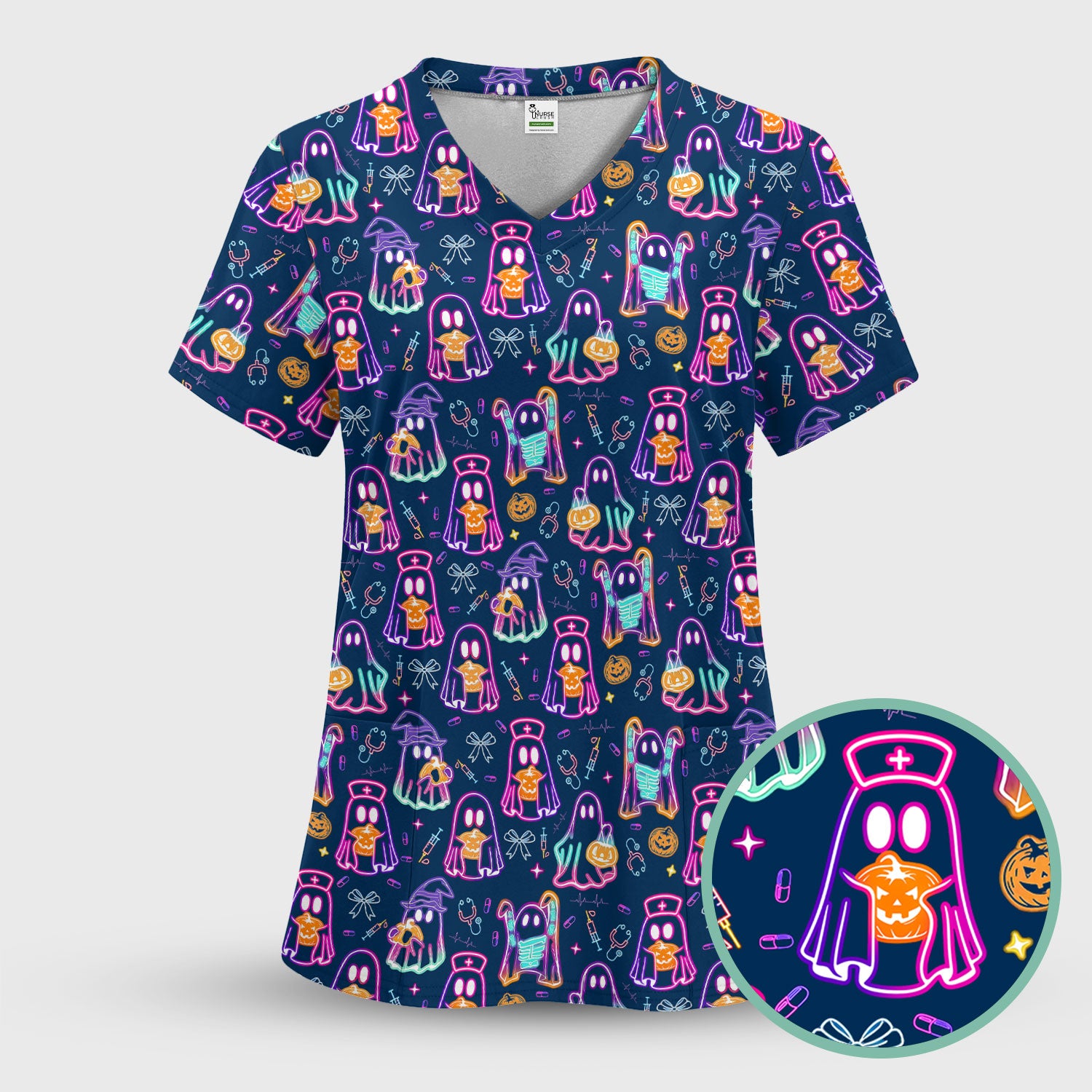 Spooky Neon Ghost Nurse Scrub Top - Halloween Pumpkin Nursing Shirt for Women - Cute Medical Uniform RN CNA LPN Gift