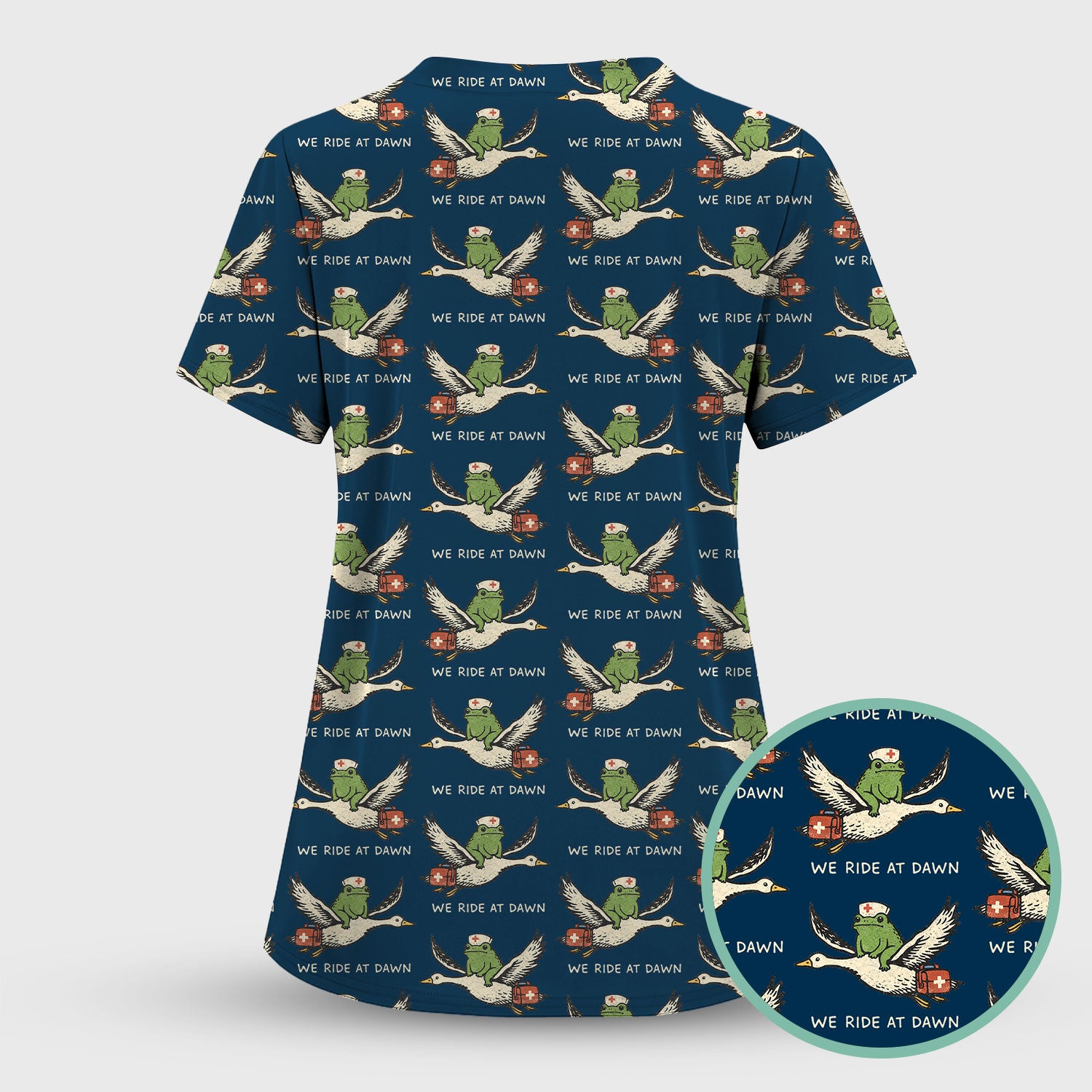 Funny Frog Riding Goose Nurse Pattern Scrub Set, Nurse Uniform Scrubs Set