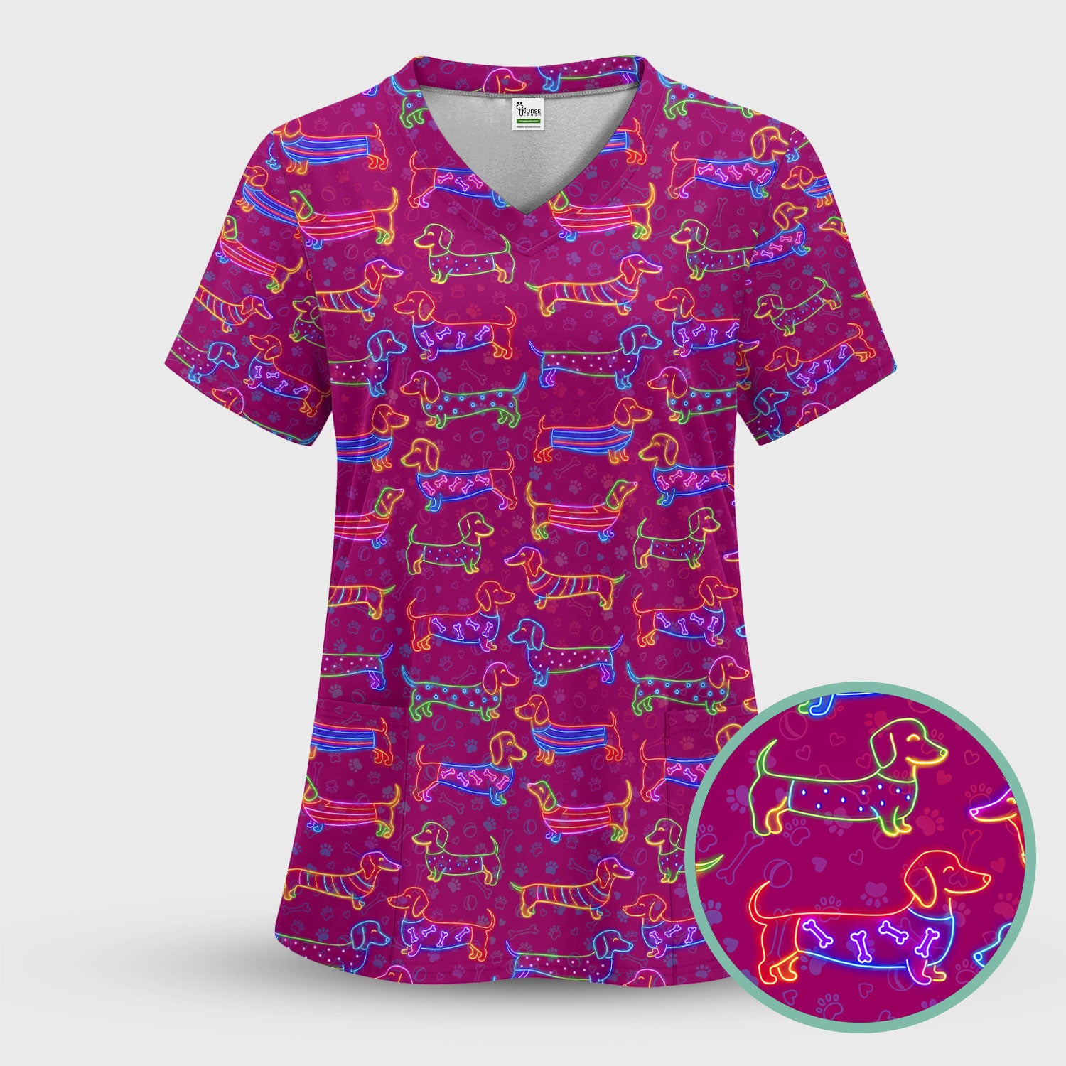 Cute Dachshund Scrub Top for Women – Neon Sausage Dog Nursing Shirt – Funny Colorful Wiener Dog Gift for RN CNA LPN