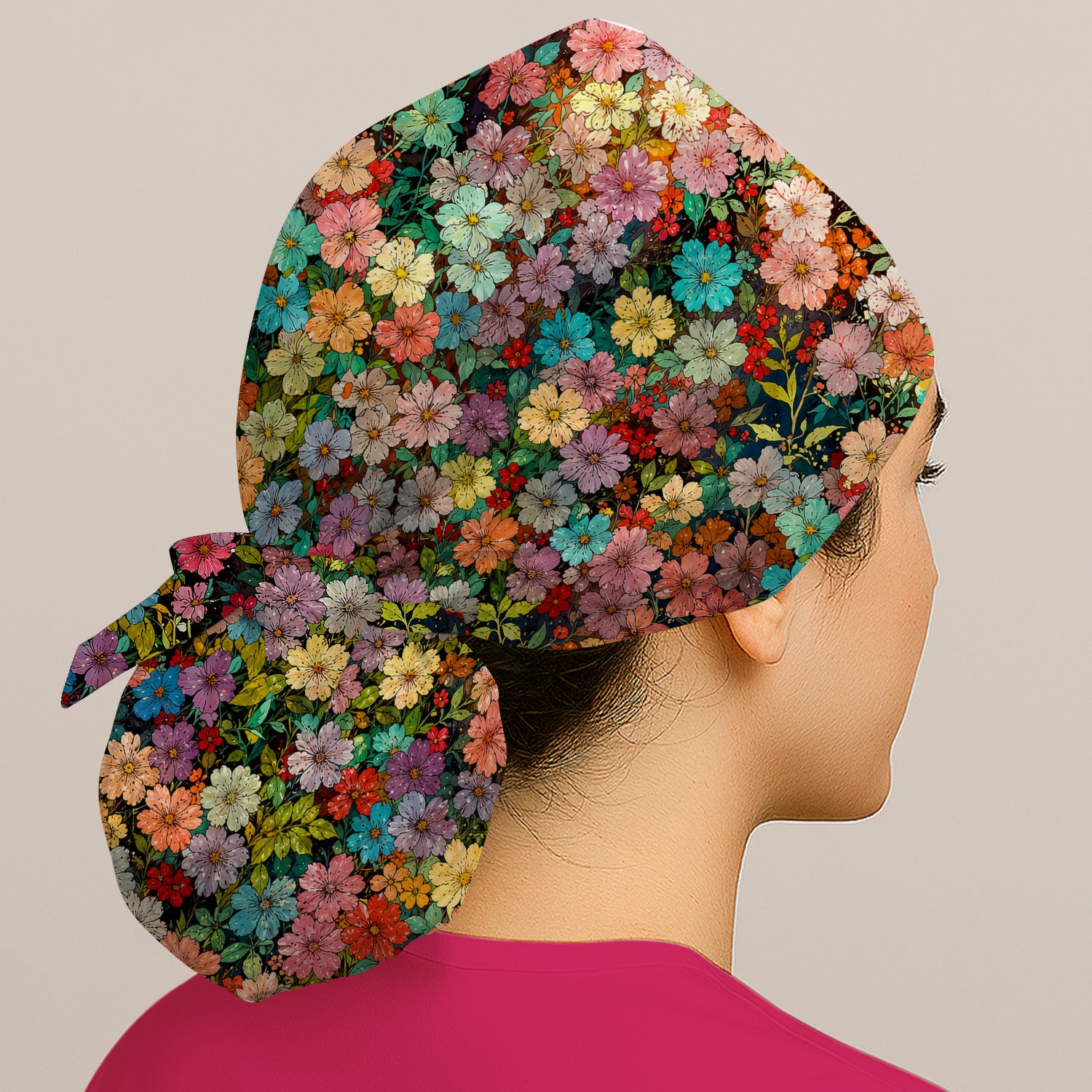 Colorful Wildflower Garden Bloom Pattern Scrub Cap, Surgical Caps for Doctors