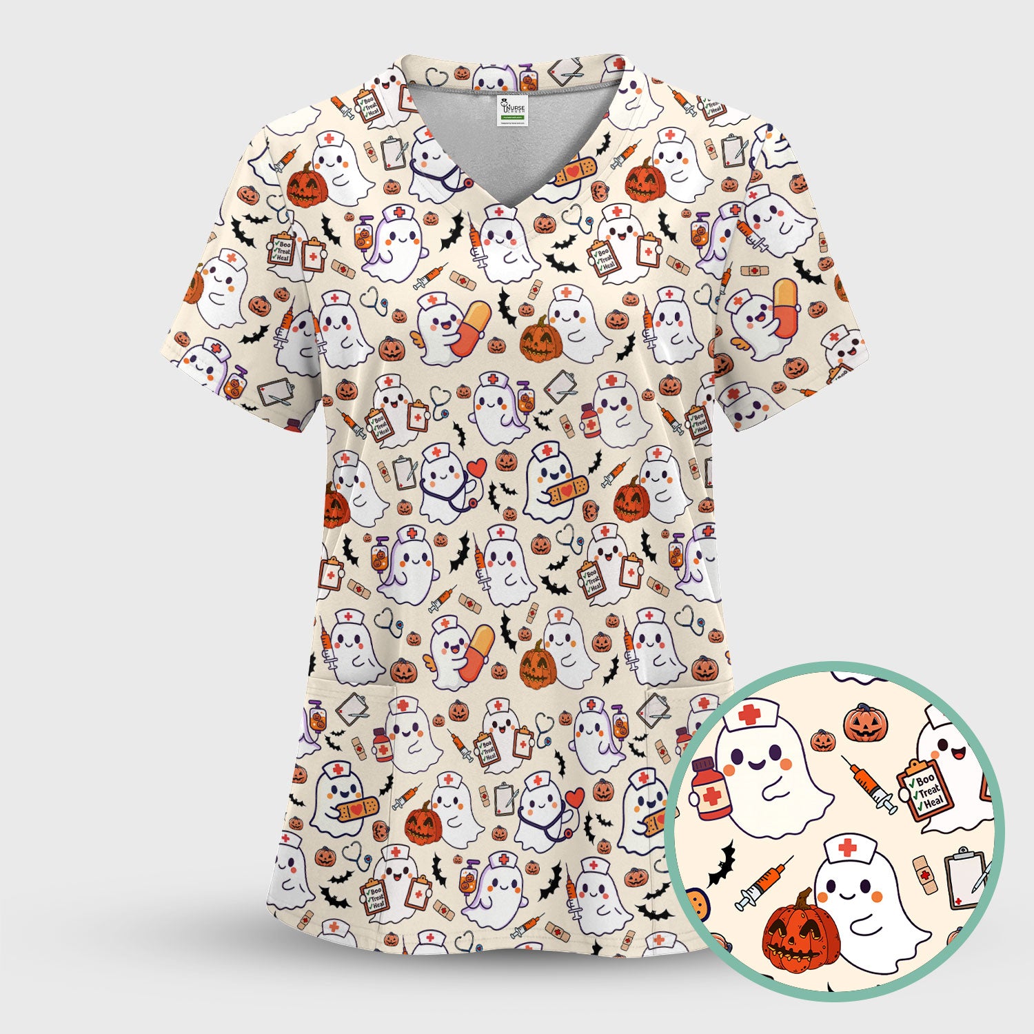 Halloween Women's Scrub Sets - Comfortable Scrubs for Nurses - Pumpkin Ghost Scrub Pants and V Neck Top - Breathable Med Uniform