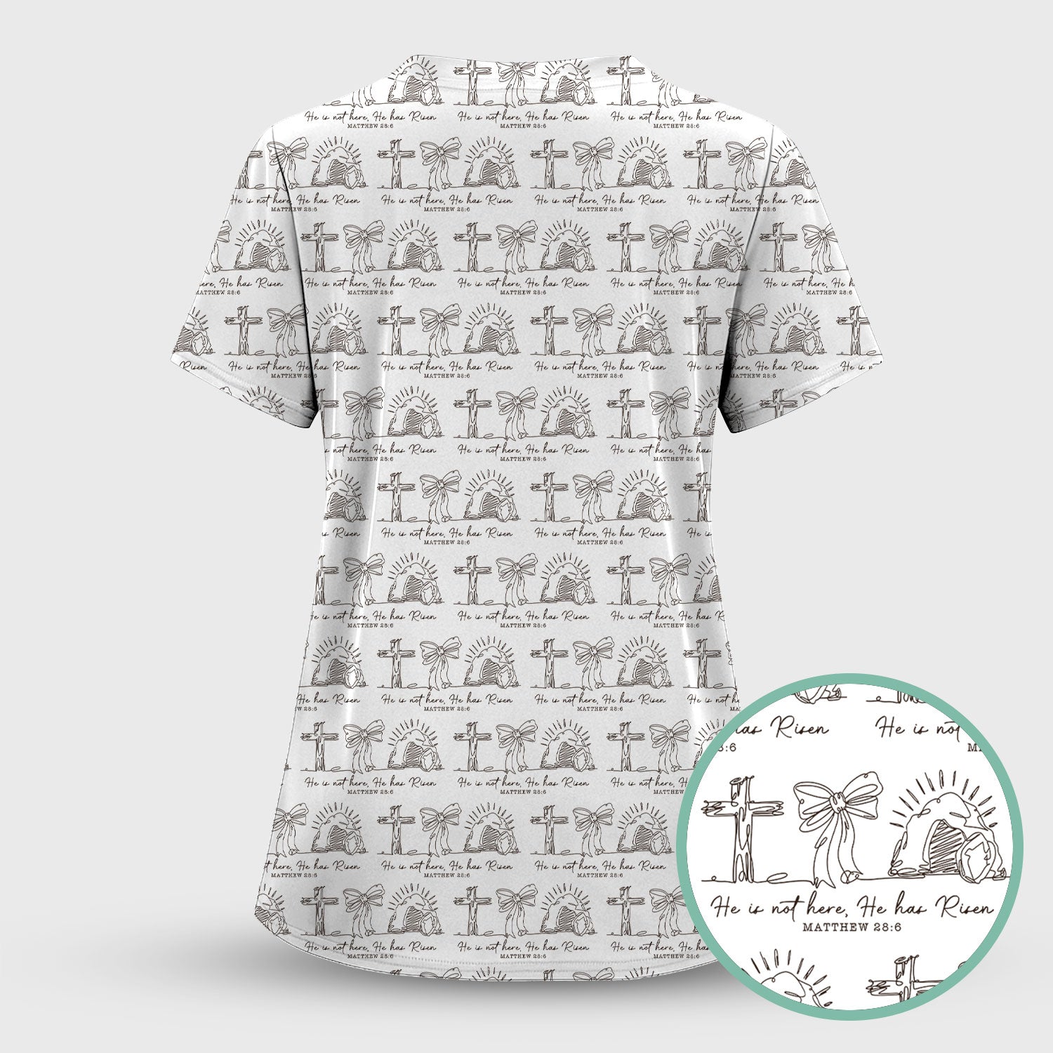 Christian Cross He Is Risen Pattern Scrubs Top, Comfortable Scrubs for Nurses