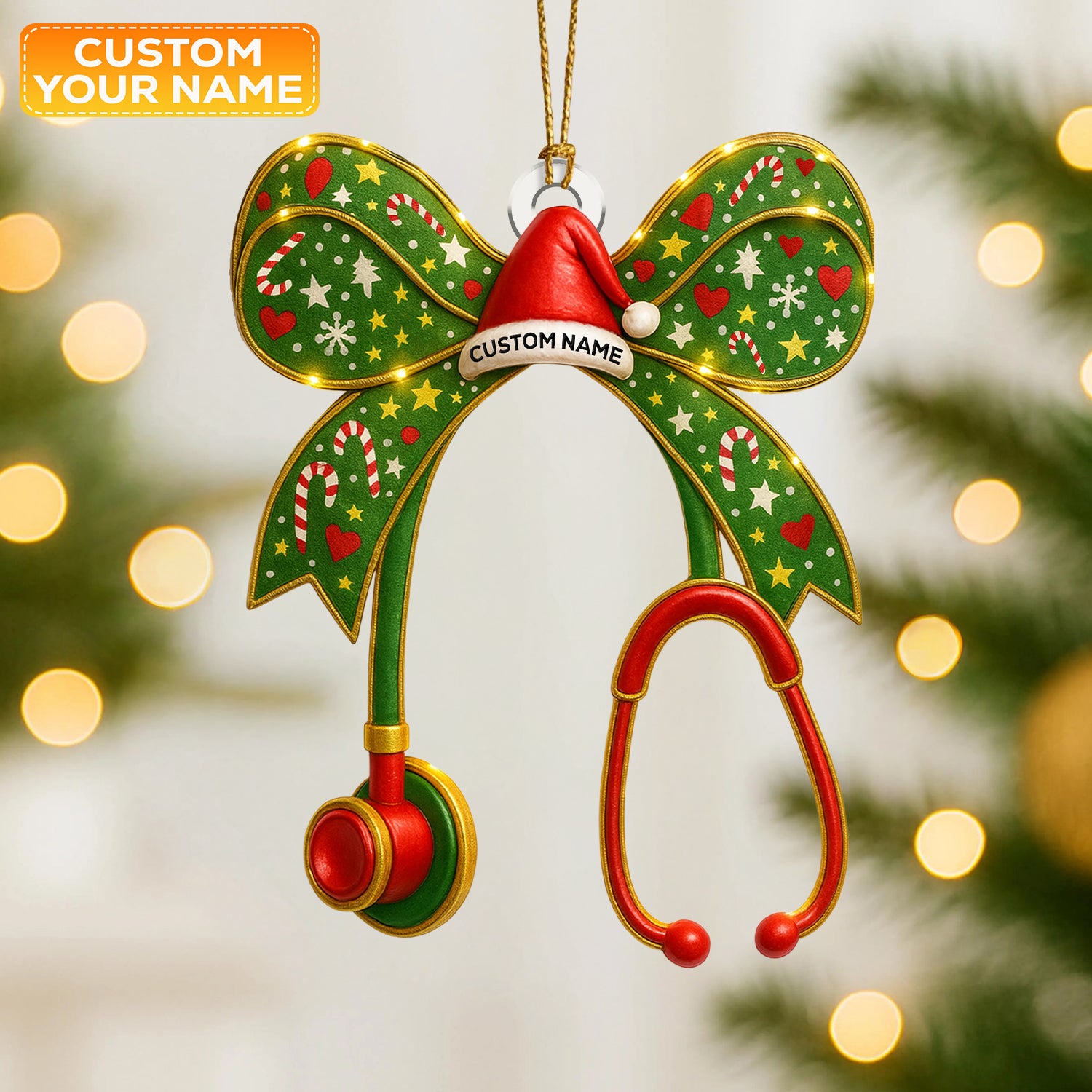 Personalized Nurse Bow Ornament – Funny Christmas Stethoscope Design – Cute Holiday Gift for Healthcare Workers and RN