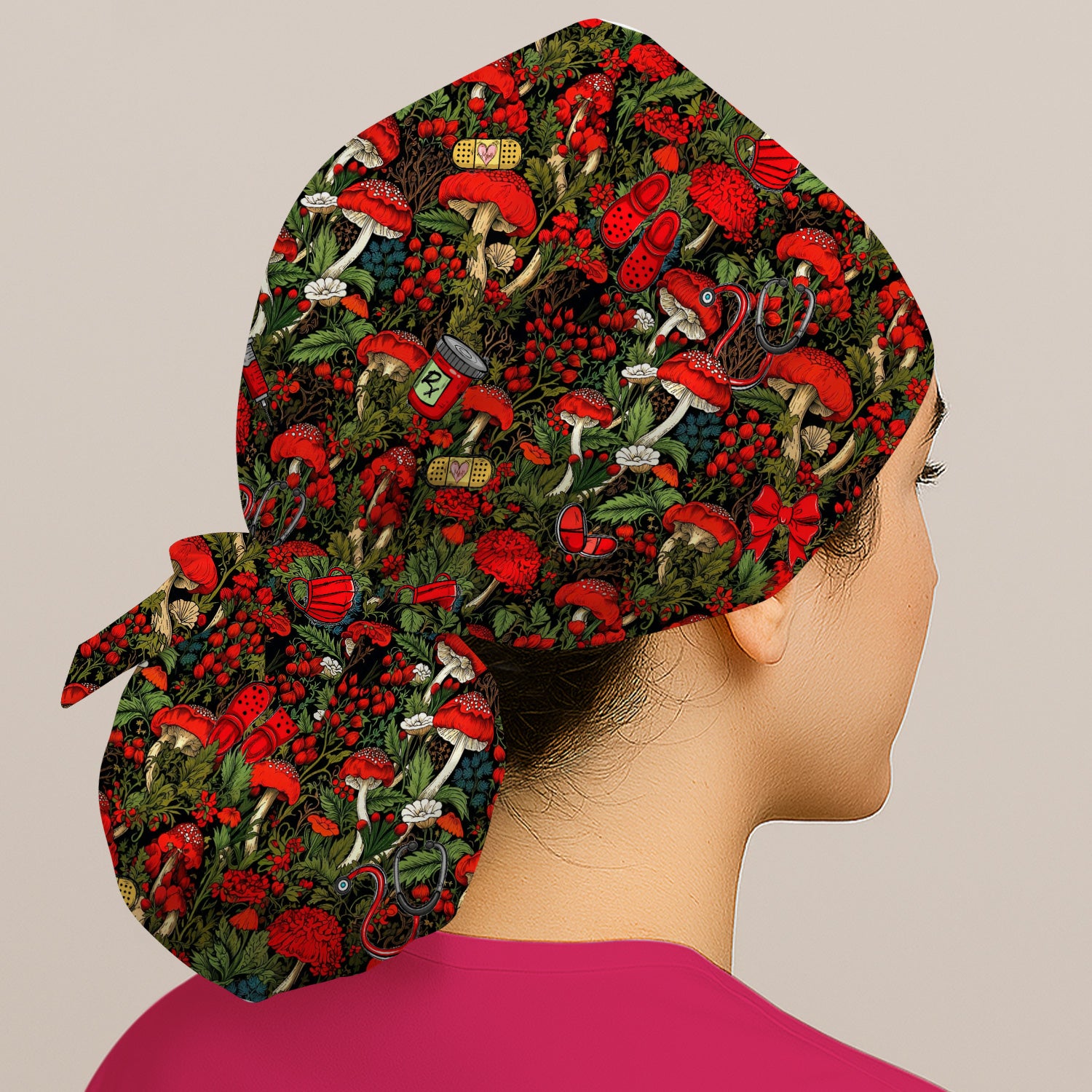Red Mushroom Medical Forest Pattern Scrub Cap, Surgical Caps for Doctors