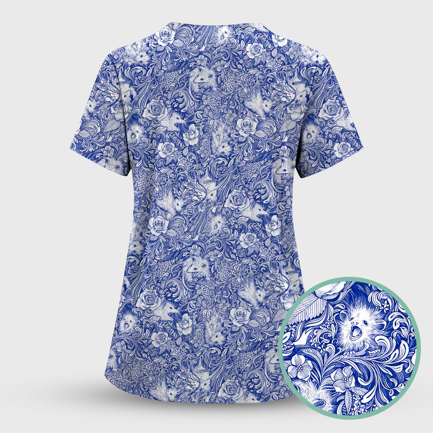 Blue Toile Opossum Floral Pattern Scrub Top, Comfortable Scrubs for Nurses