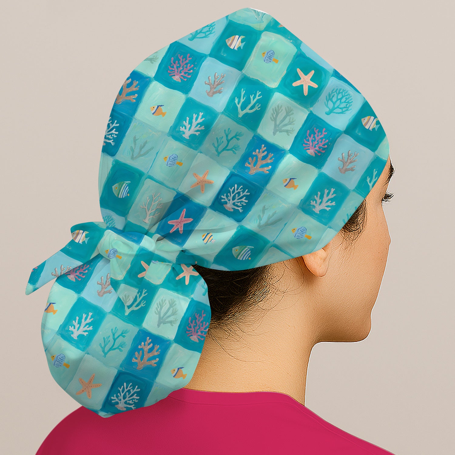 Ocean Coral Fish Starfish Checkered Pattern Nurse Scrub Cap, Surgical Caps for Doctors